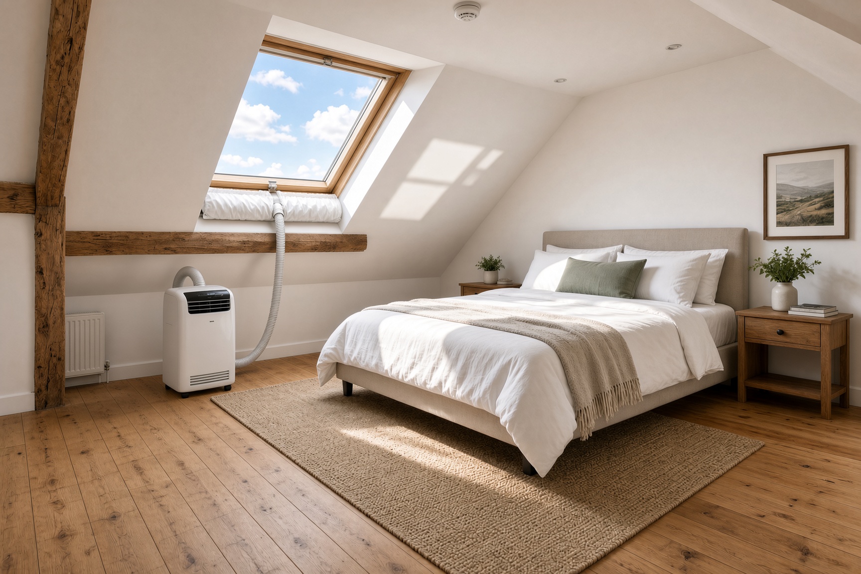 Best portable aircon UK 2026 — portable air conditioner running in a bedroom with window exhaust hose