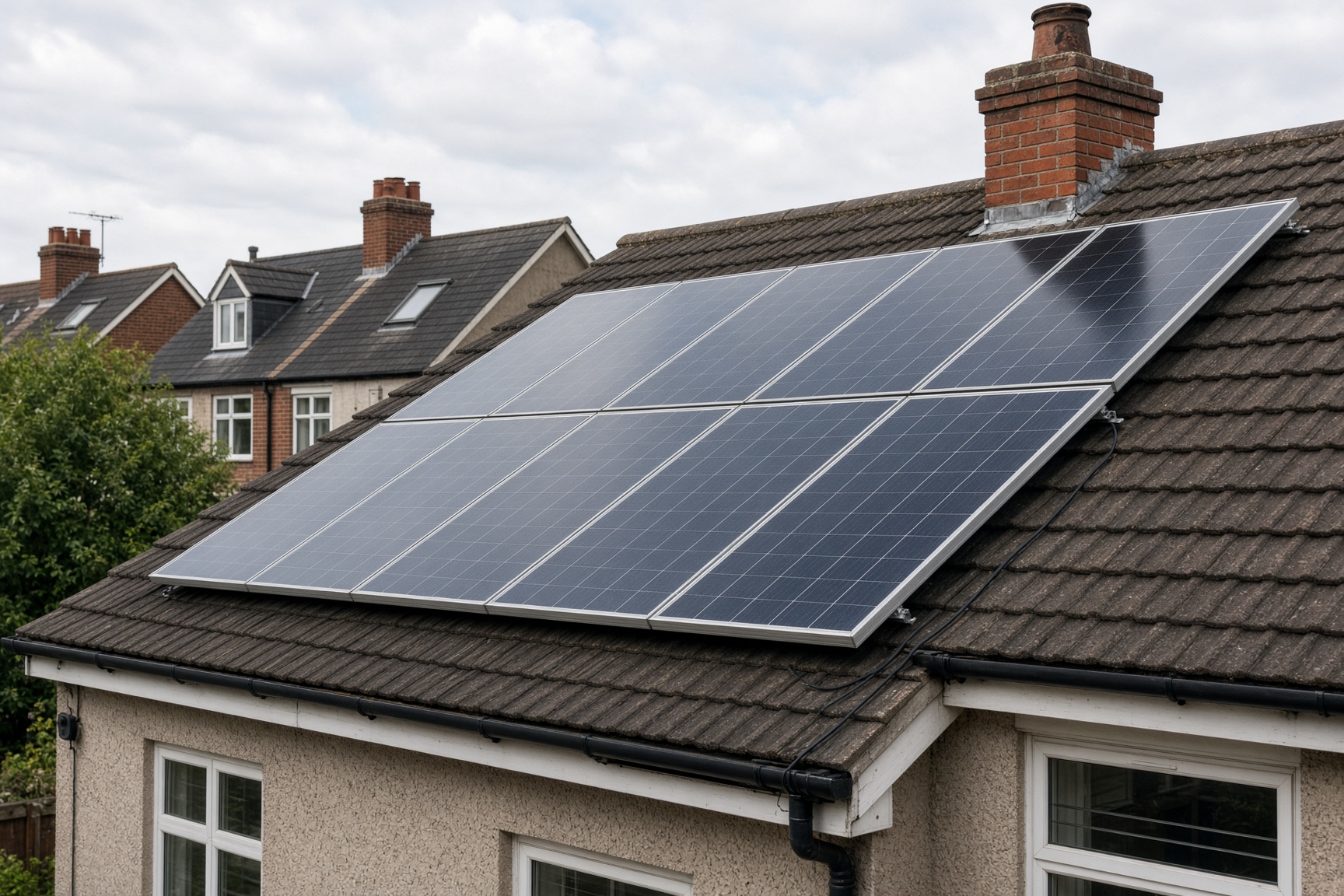 Solar panel installation team fitting panels on a UK semi-detached house roof