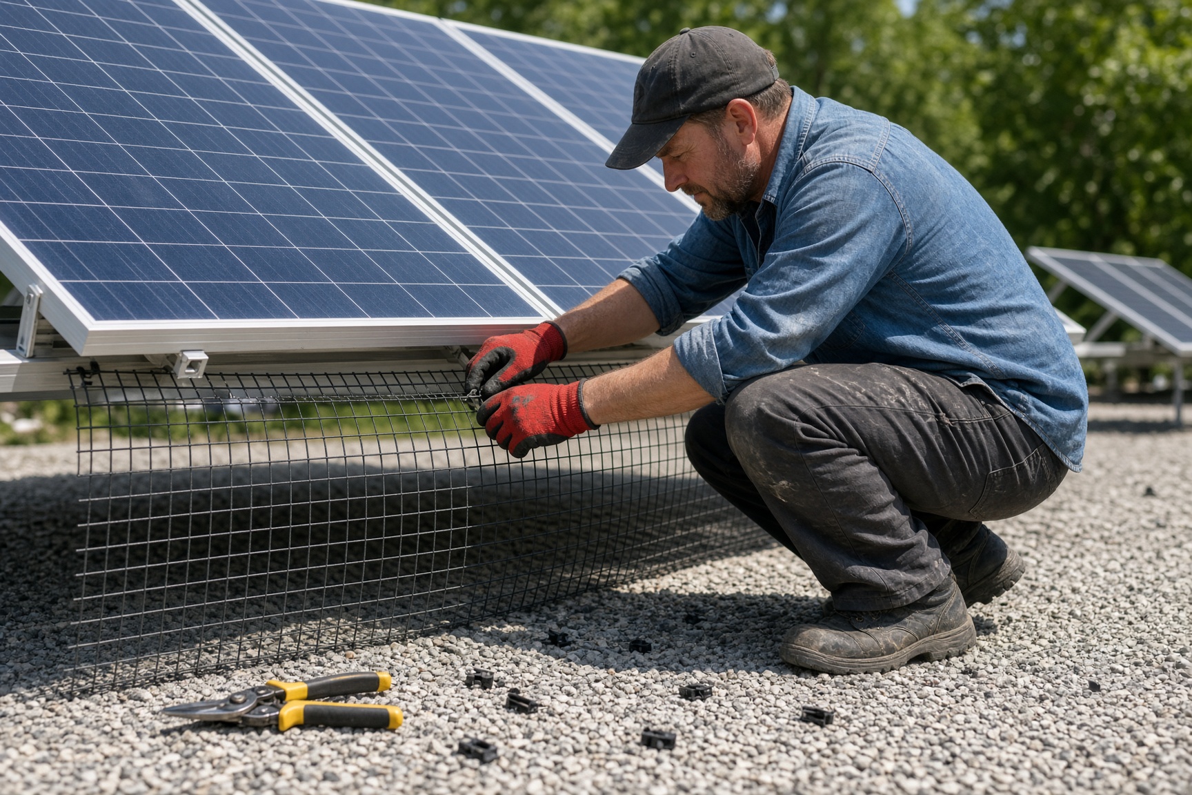Man fitting Birdgo bird proofing mesh underneath solar panels on a UK roof