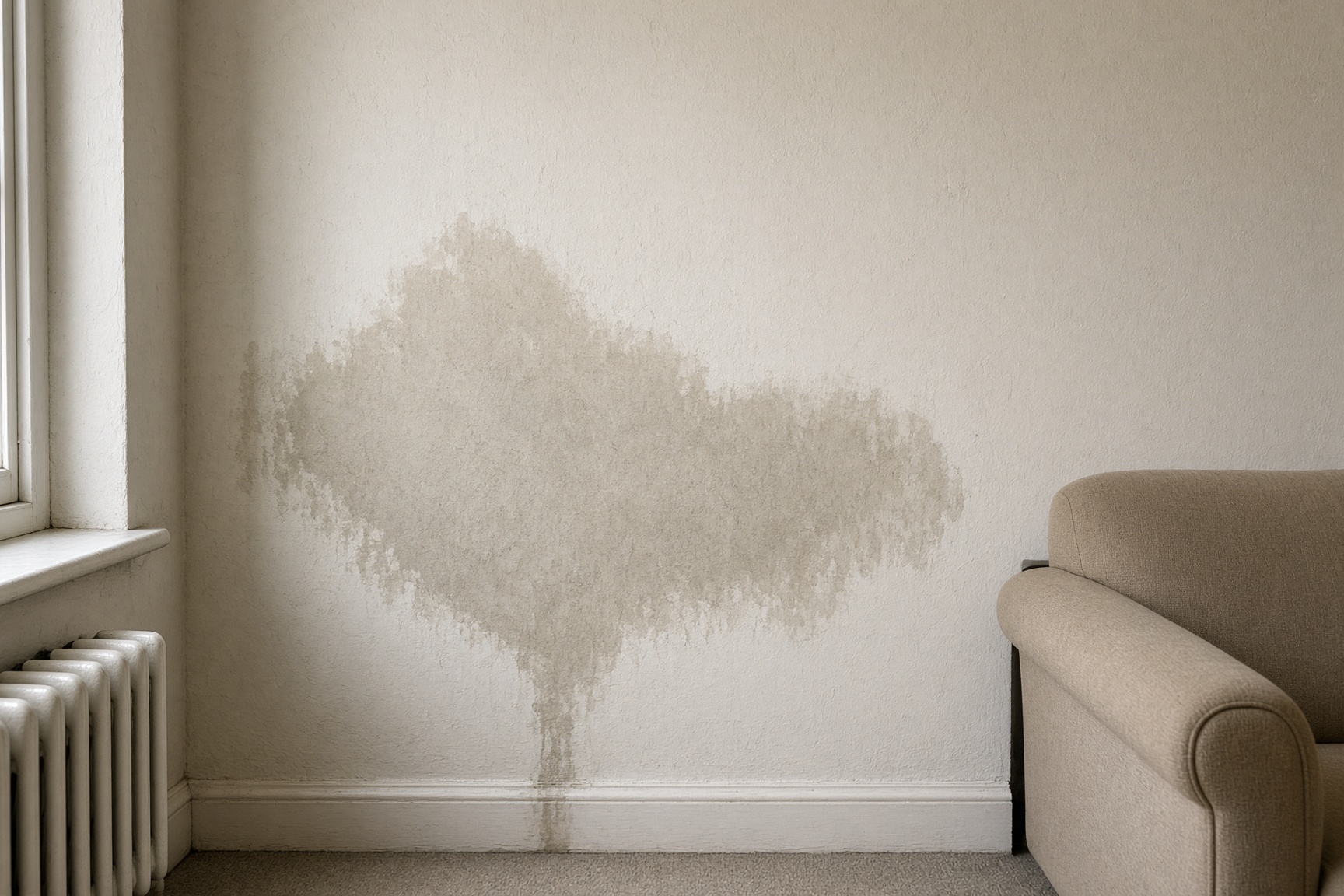 Damp patch on an internal wall in a UK home linked to cavity wall insulation problems