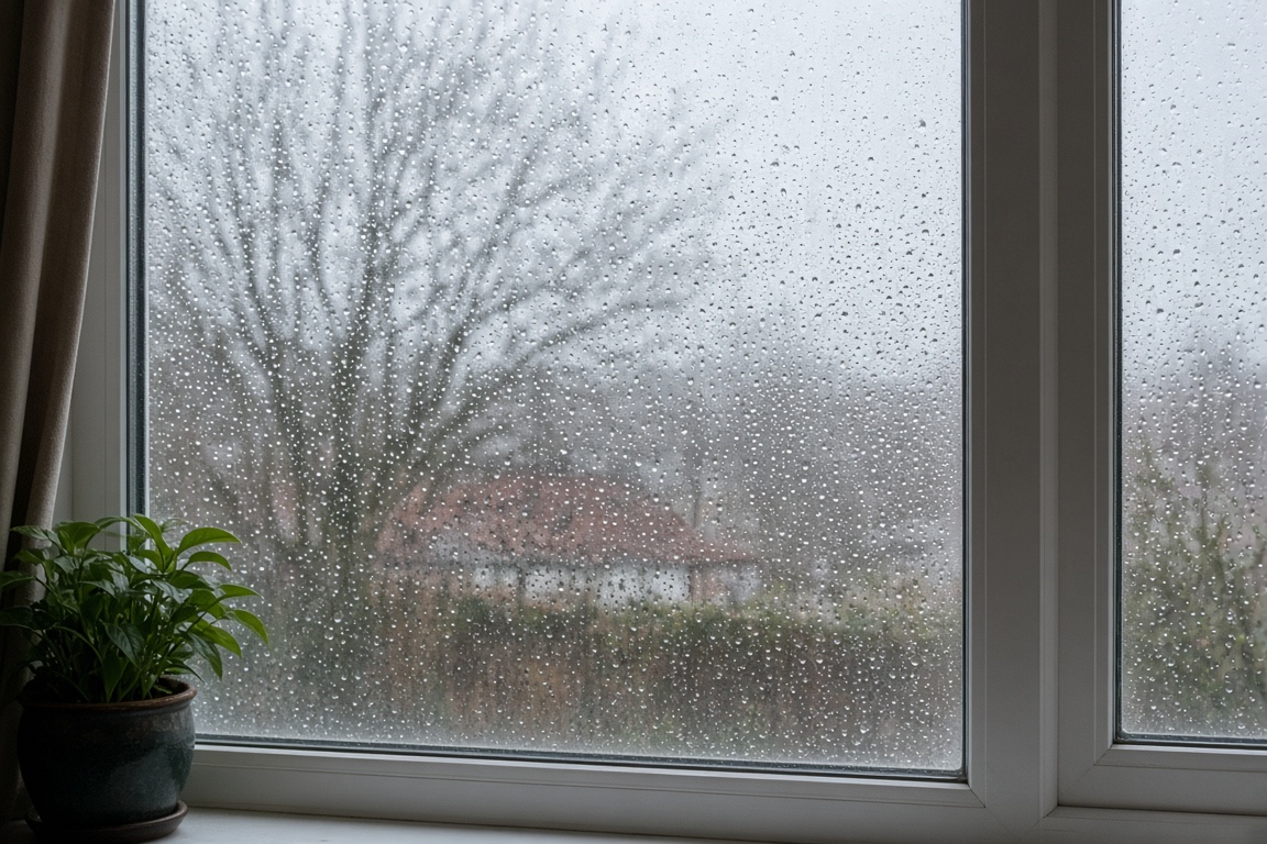 Condensation forming on the inside of a UK home window in winter