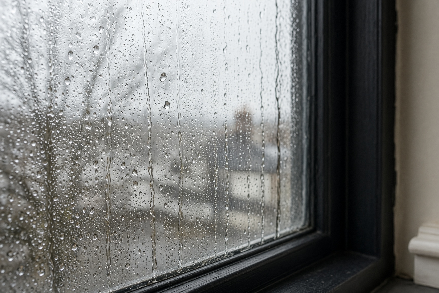 Condensation on windows in a UK home, water droplets on glass in winter
