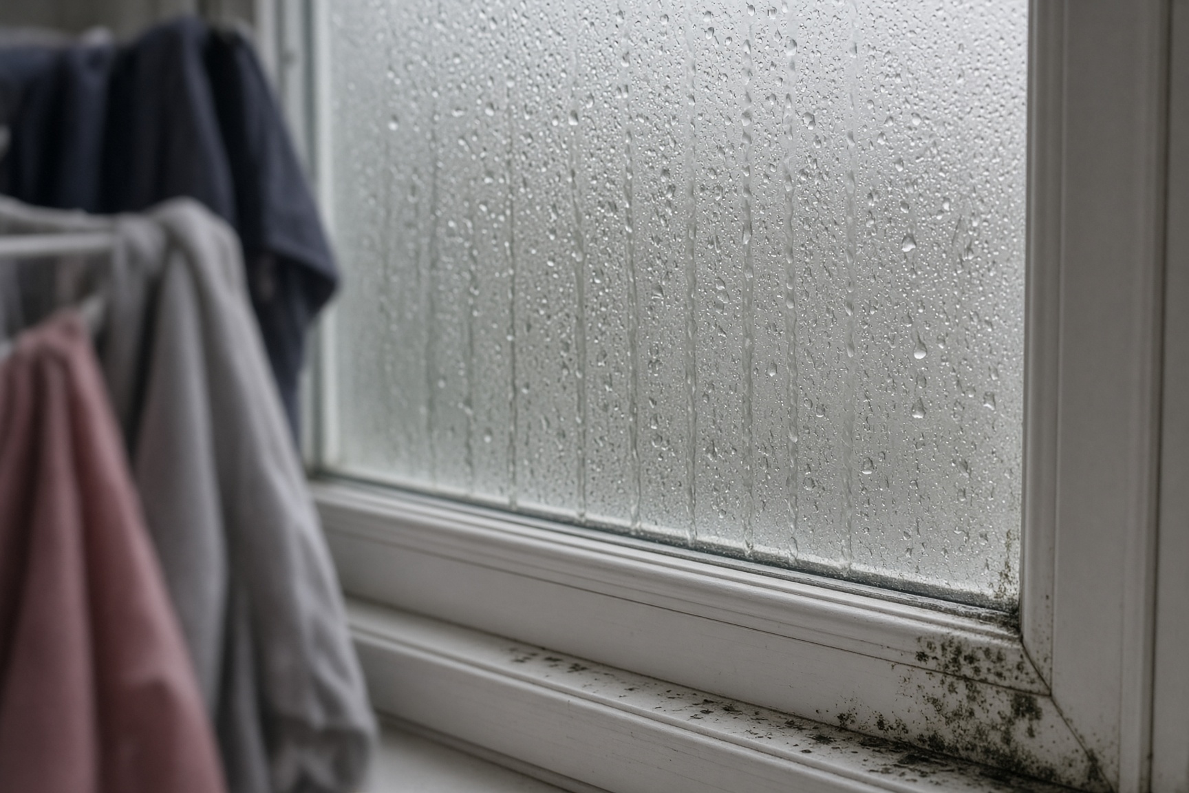 Condensation and water droplets on a cold window next to wet laundry drying indoors