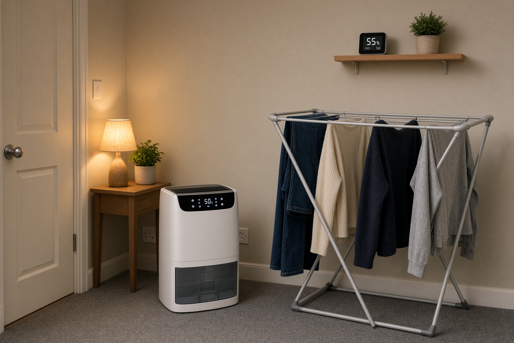 Compact dehumidifier running in laundry mode next to a clothes airer in a small UK spare room