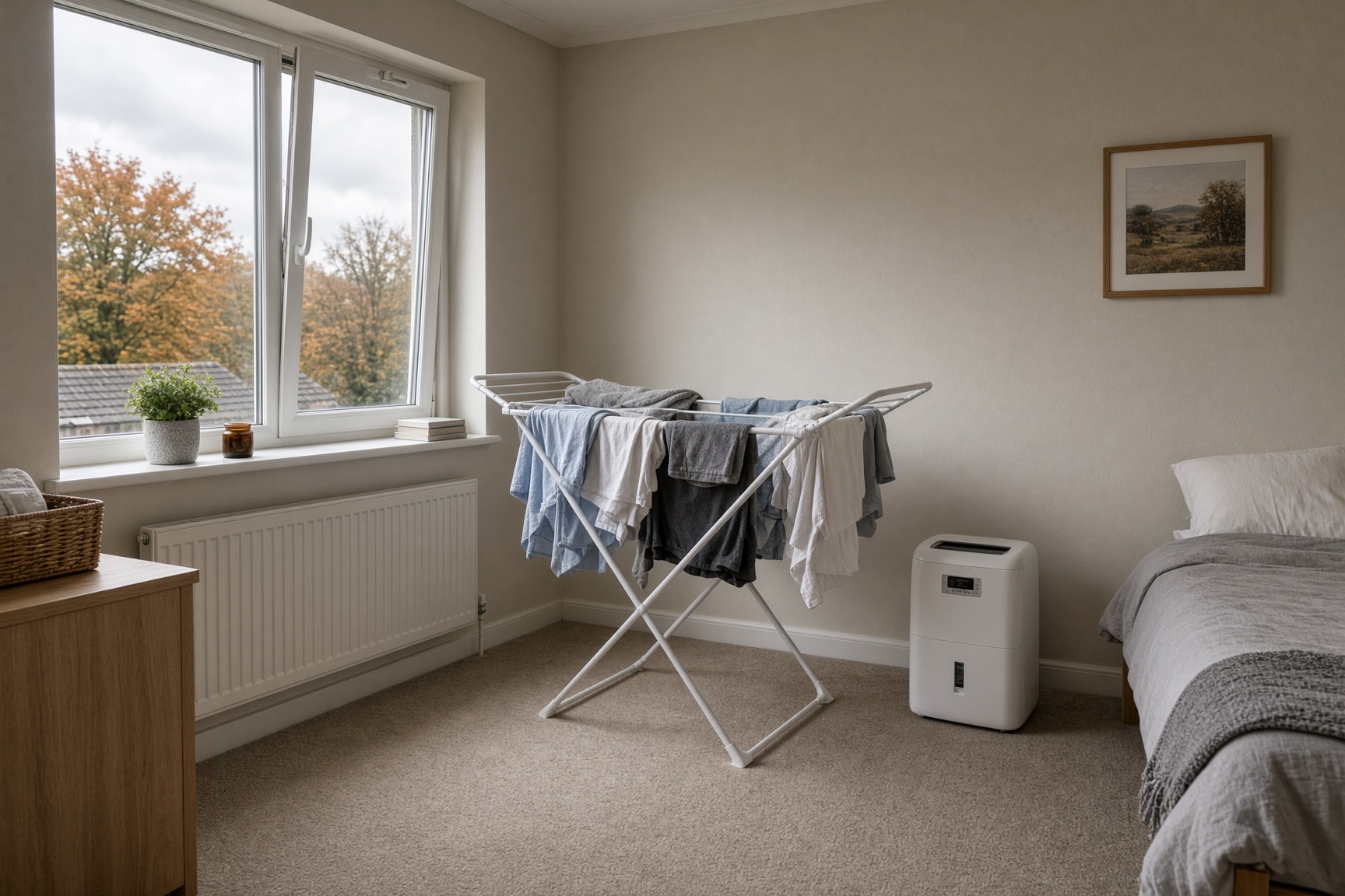 Clothes drying indoors on an airer in a UK home with a dehumidifier running and the window slightly open