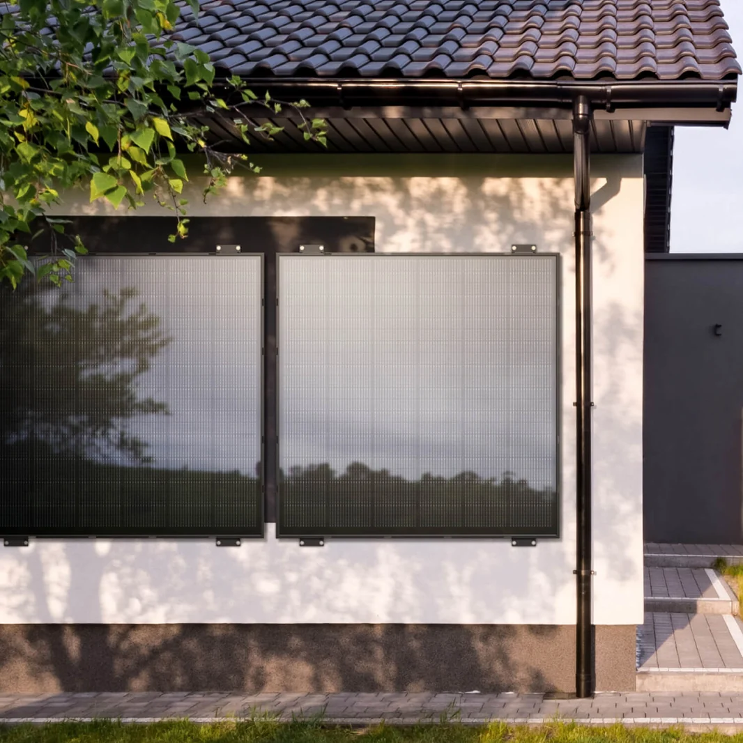 EcoFlow STREAM adjustable facade kit with two rigid solar panels mounted on a house wall