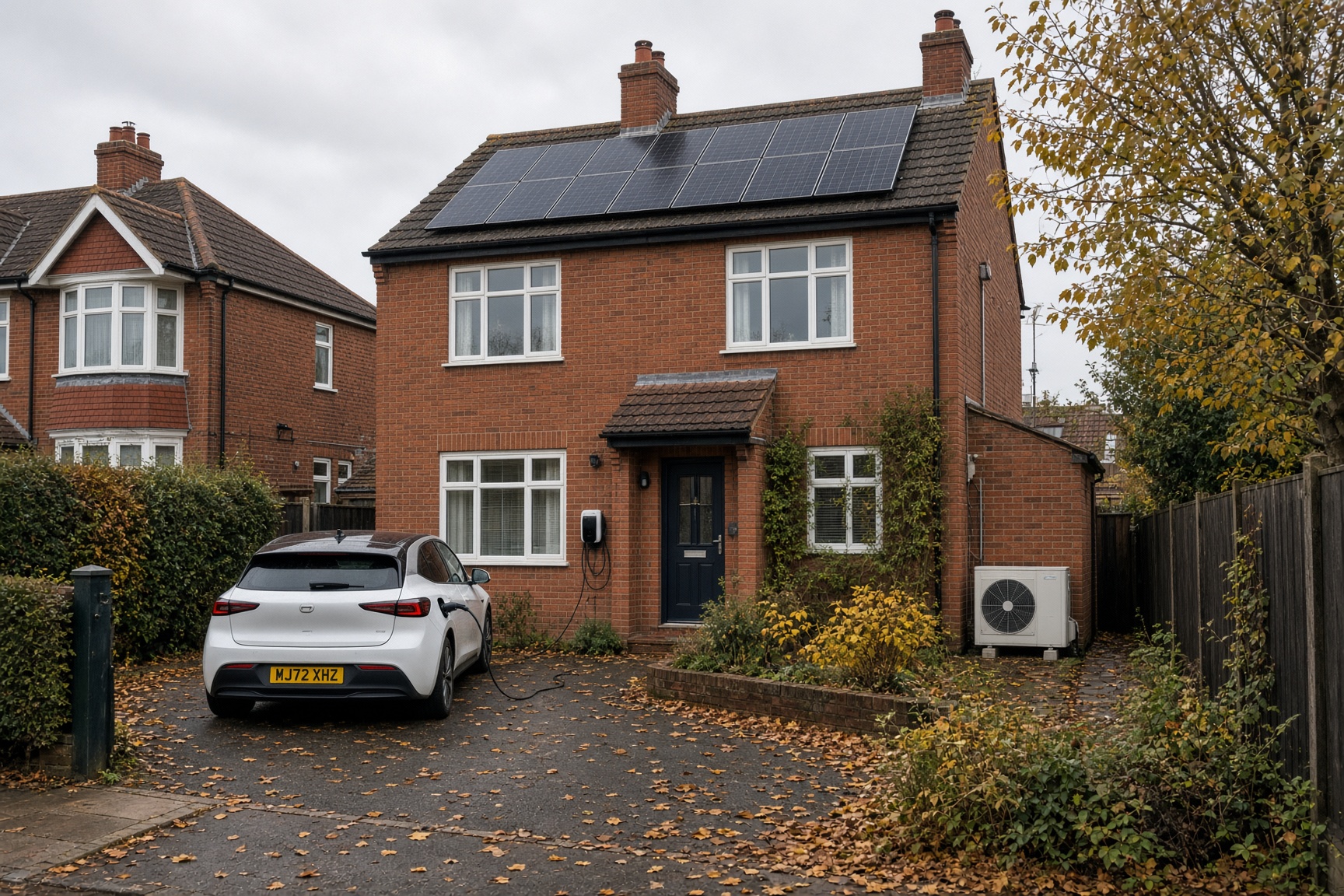 UK semi-detached house with rooftop solar panels, an air source heat pump and an electric car charging on the driveway