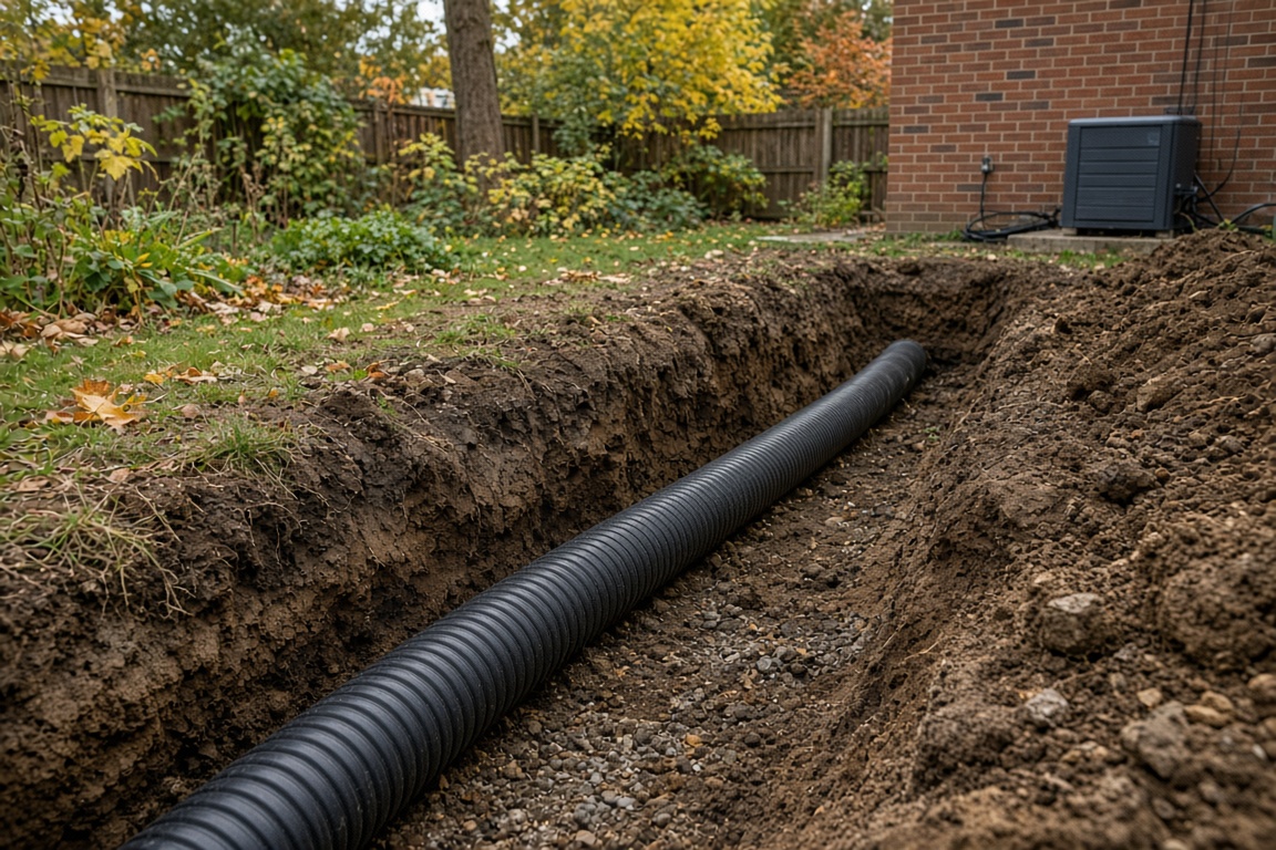 Ground source heat pump trench installation in a UK garden
