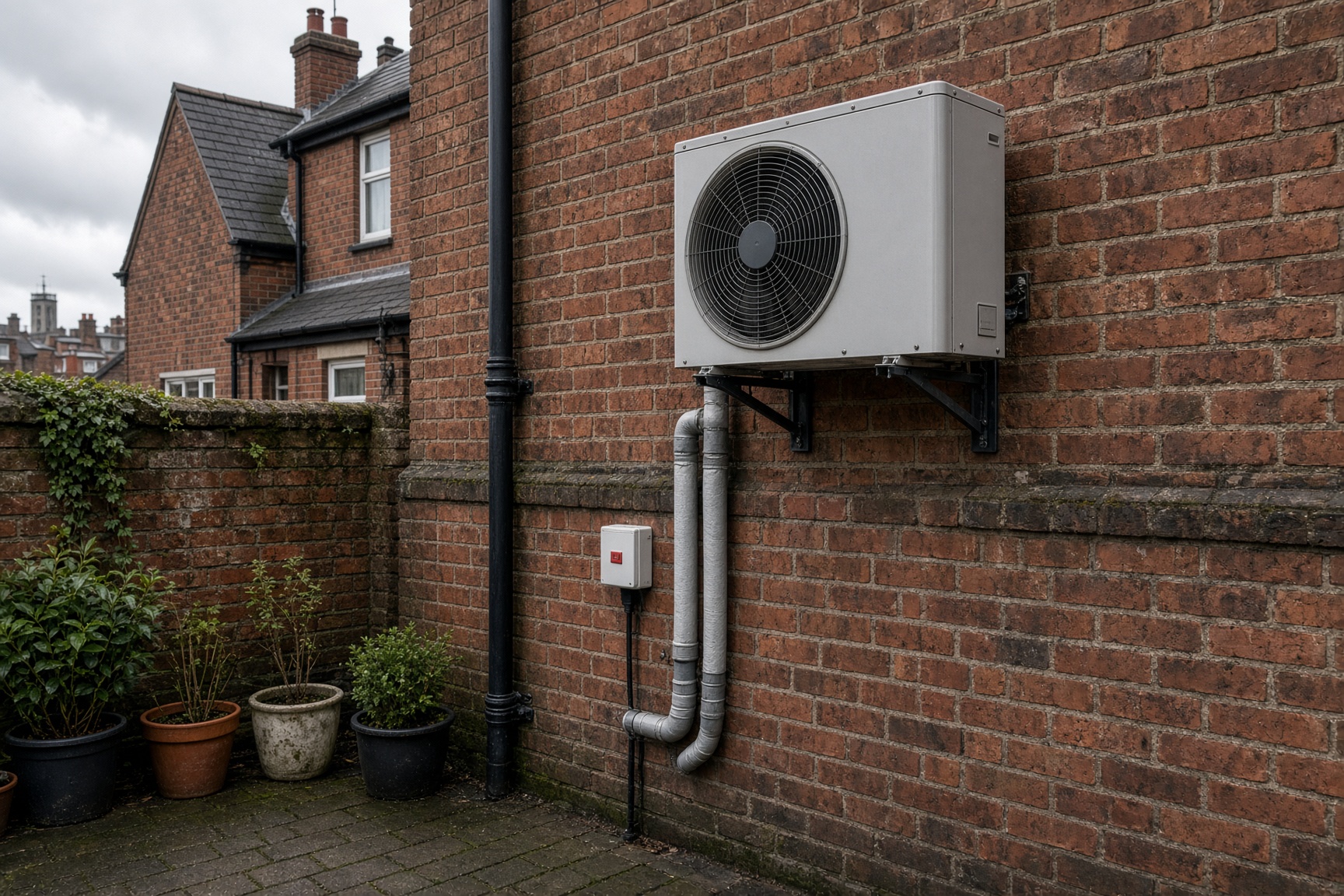 Heat pump brands UK — outdoor unit on a UK house wall, illustrating brand comparison