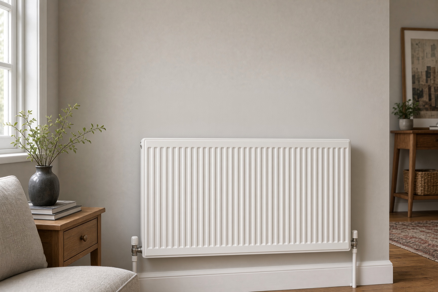 Large modern radiator installed for a heat pump system in a UK home