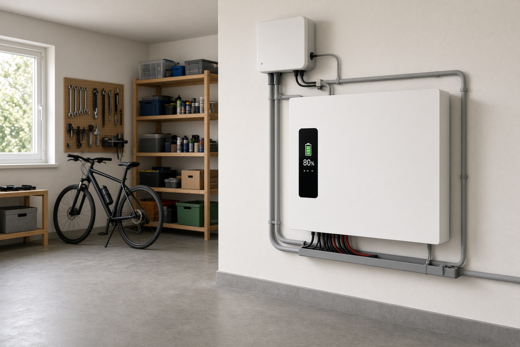 Wall-mounted home battery and inverter in a UK garage connected to rooftop solar panels
