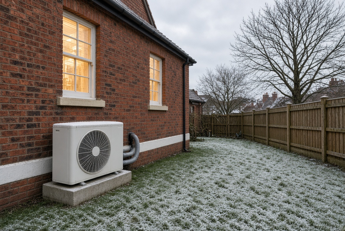 How much electricity does a heat pump use — air source heat pump running on a frosty UK morning