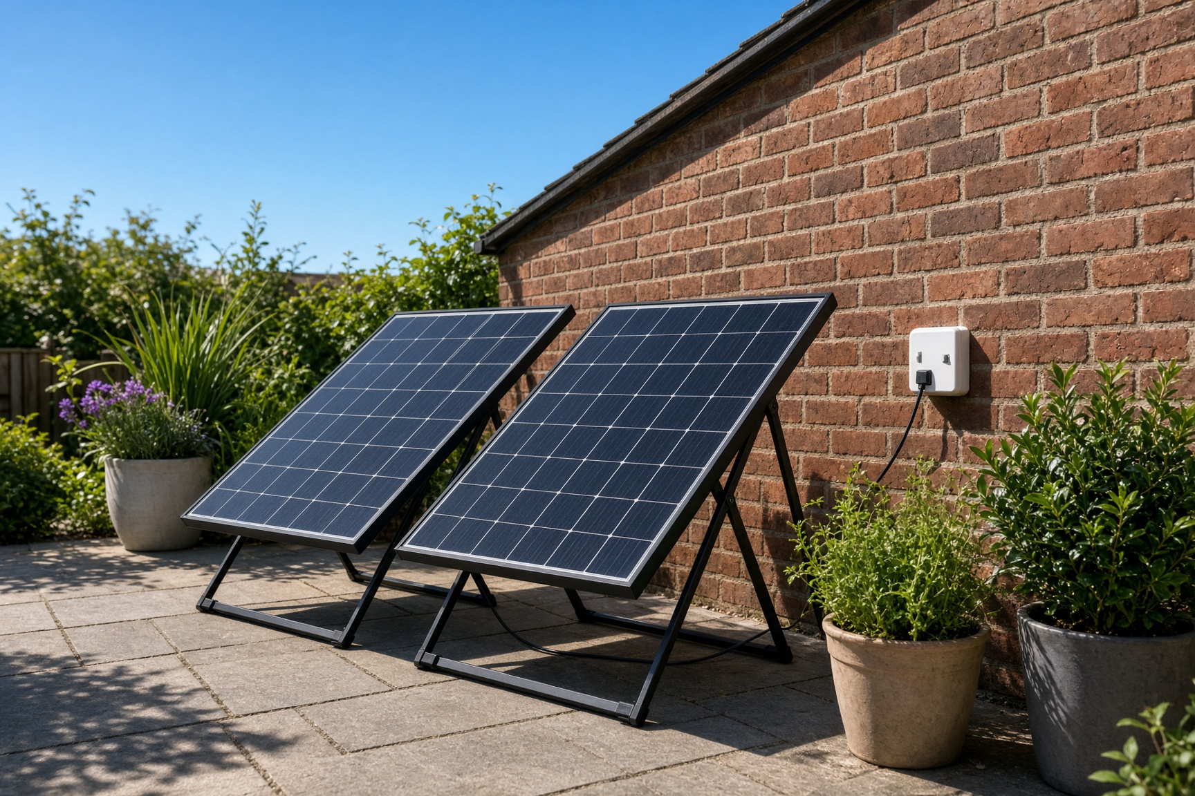 Plug-in solar panel connected to an outdoor patio socket on a UK home, demonstrating a self-install setup