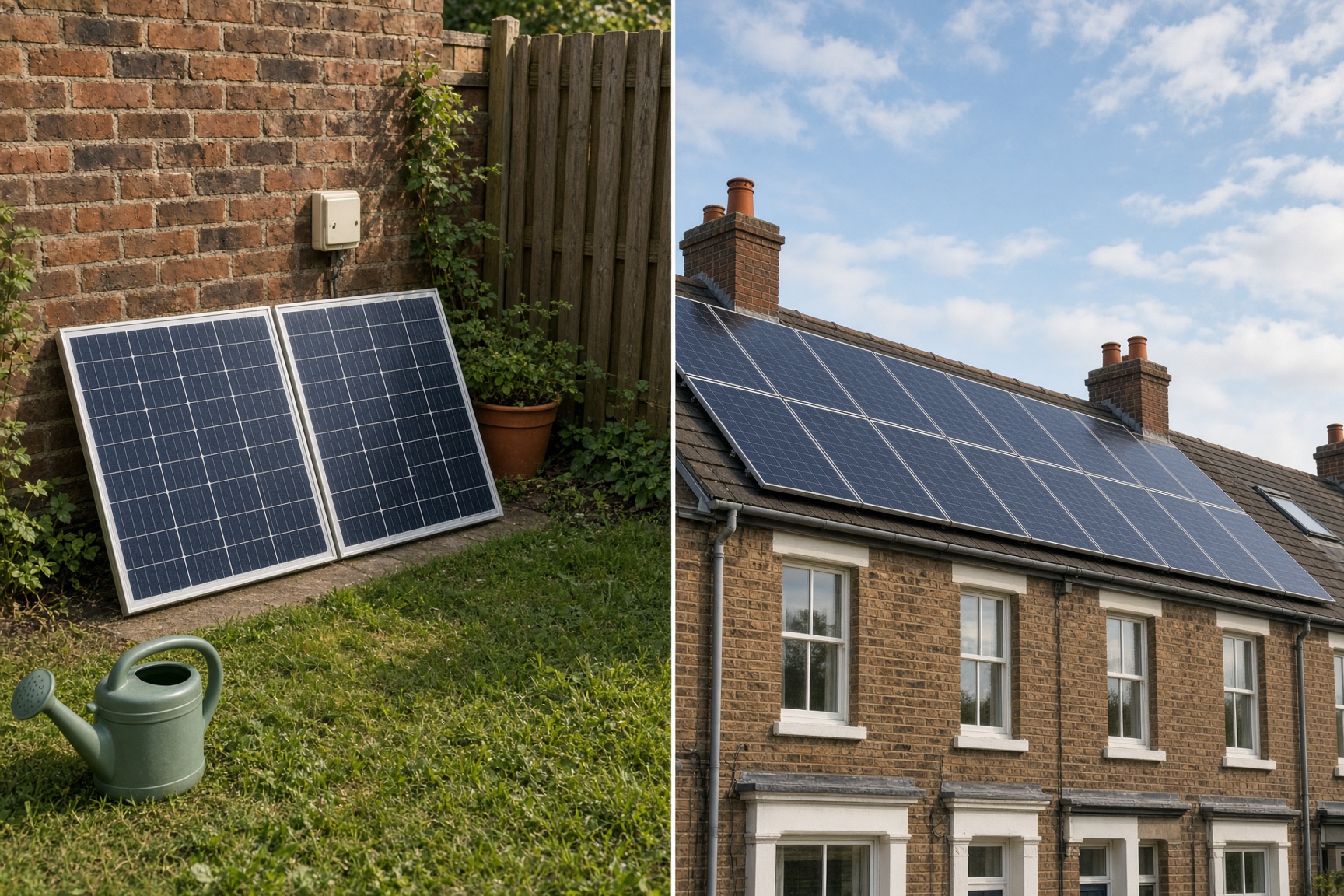 Plug in solar vs installed solar panels UK comparison showing a small plug-in kit next to a fully installed rooftop array