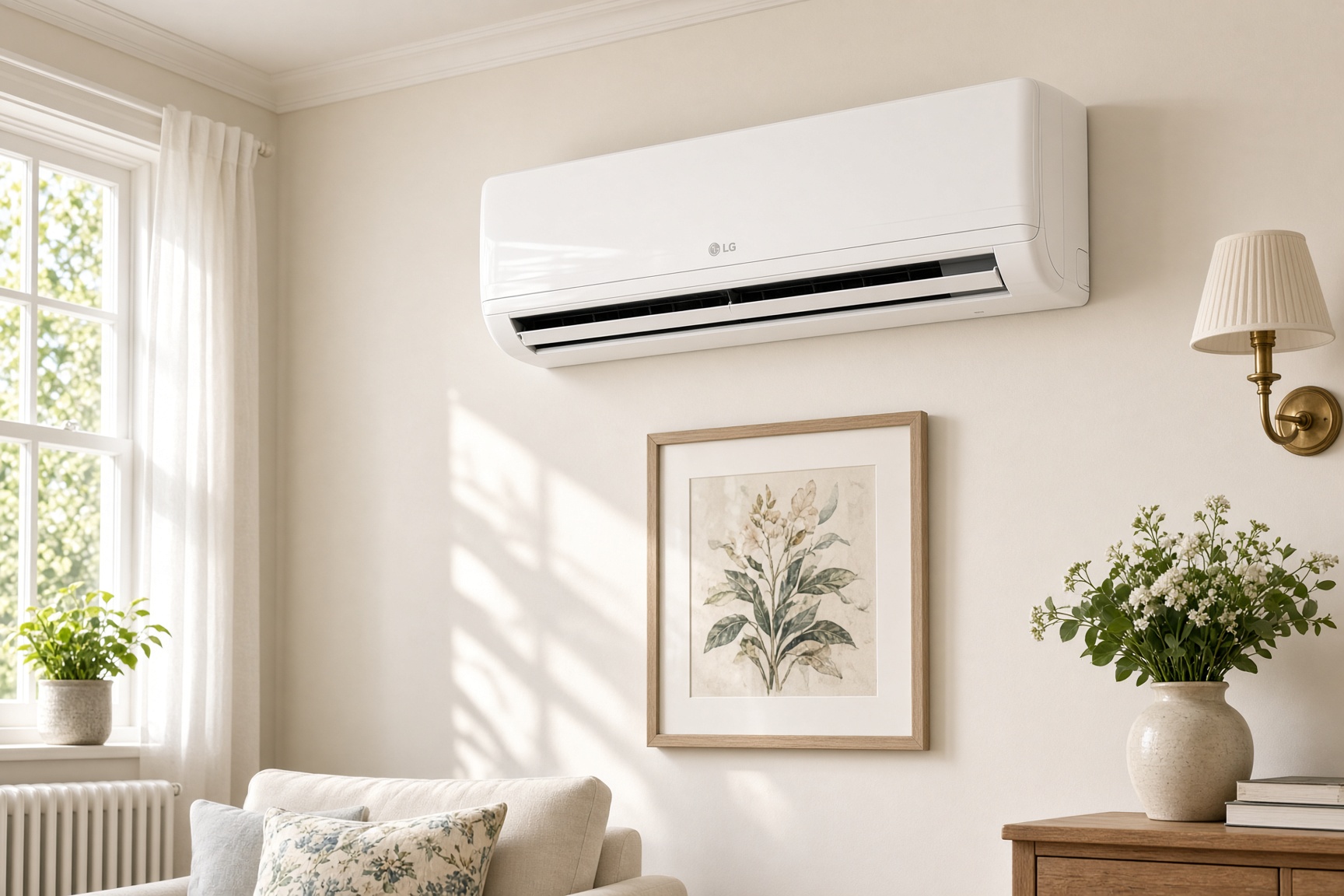 Split air conditioner indoor and outdoor unit installed on a UK home