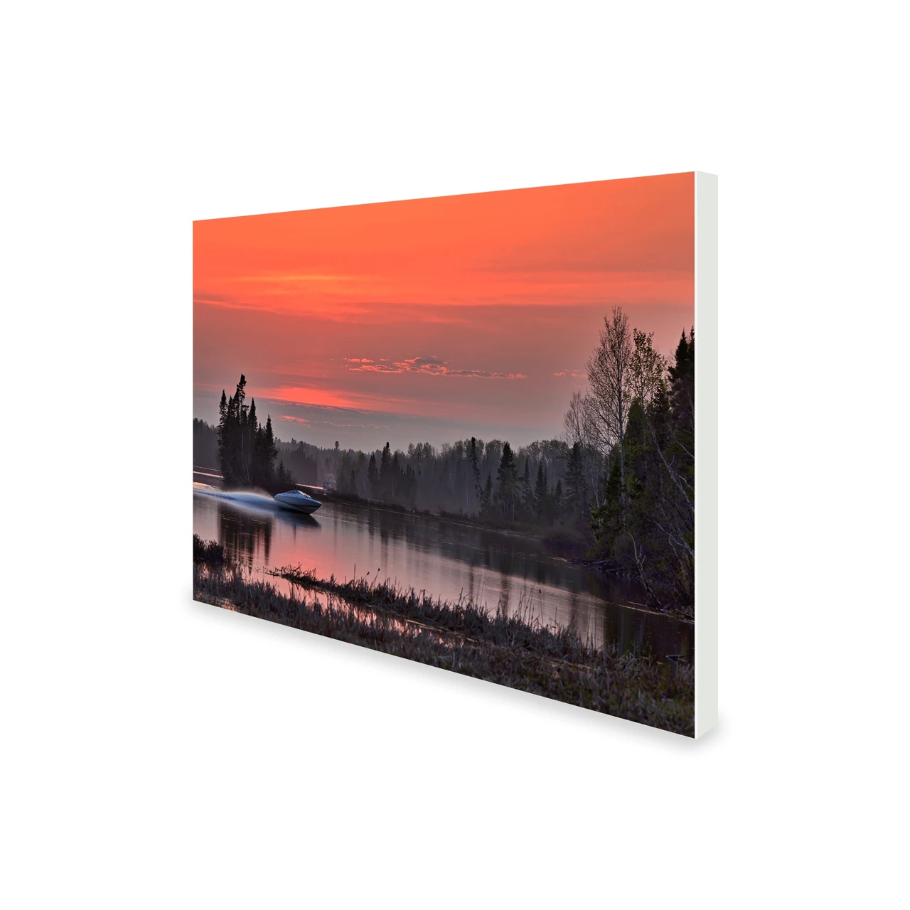 Infrared heating panel printed with an orange sunset over a river and pine trees