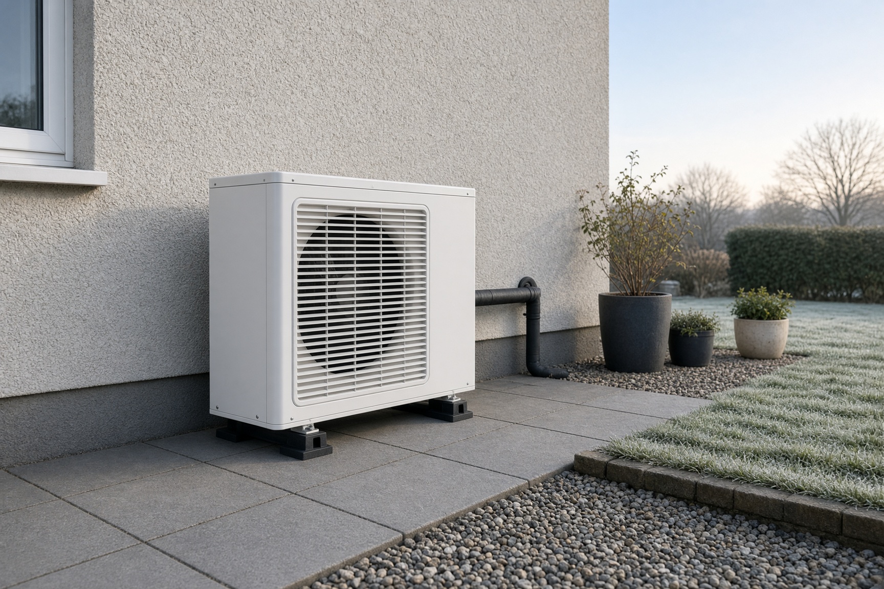 Finished air source heat pump installation on anti-vibration feet beside a UK house with insulated pipework through the wall