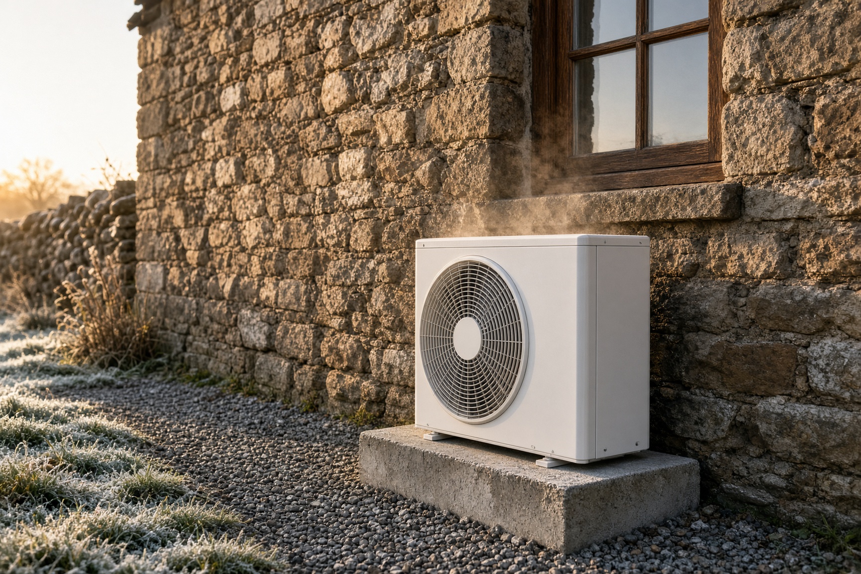 Air source heat pump on frosty ground outside an older stone farmhouse in the UK on a winter morning