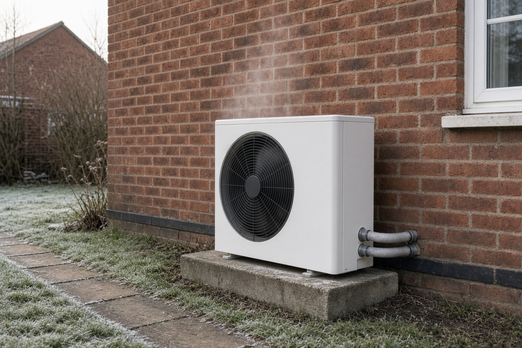 Air source heat pump outdoor unit on frosty ground beside a UK brick house on a winter morning