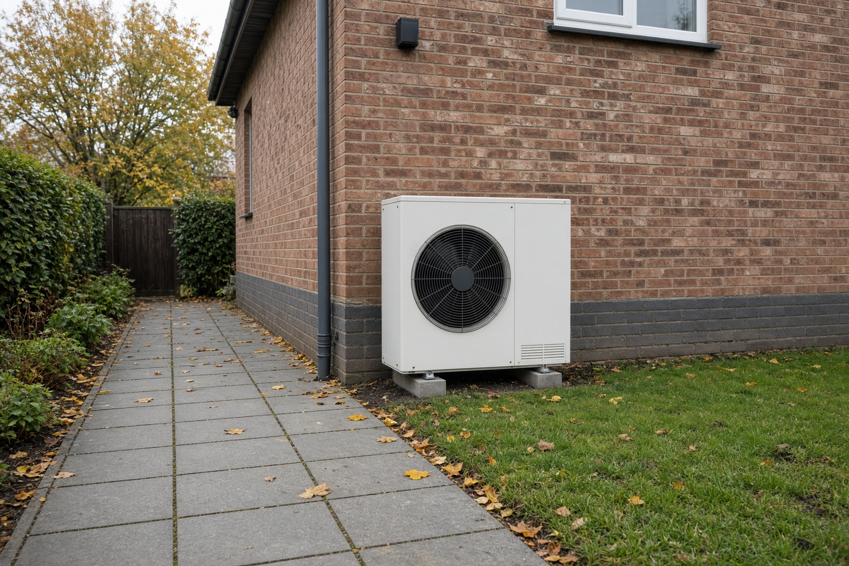 Air source heat pump installed against the rear wall of a UK home next to a garden path