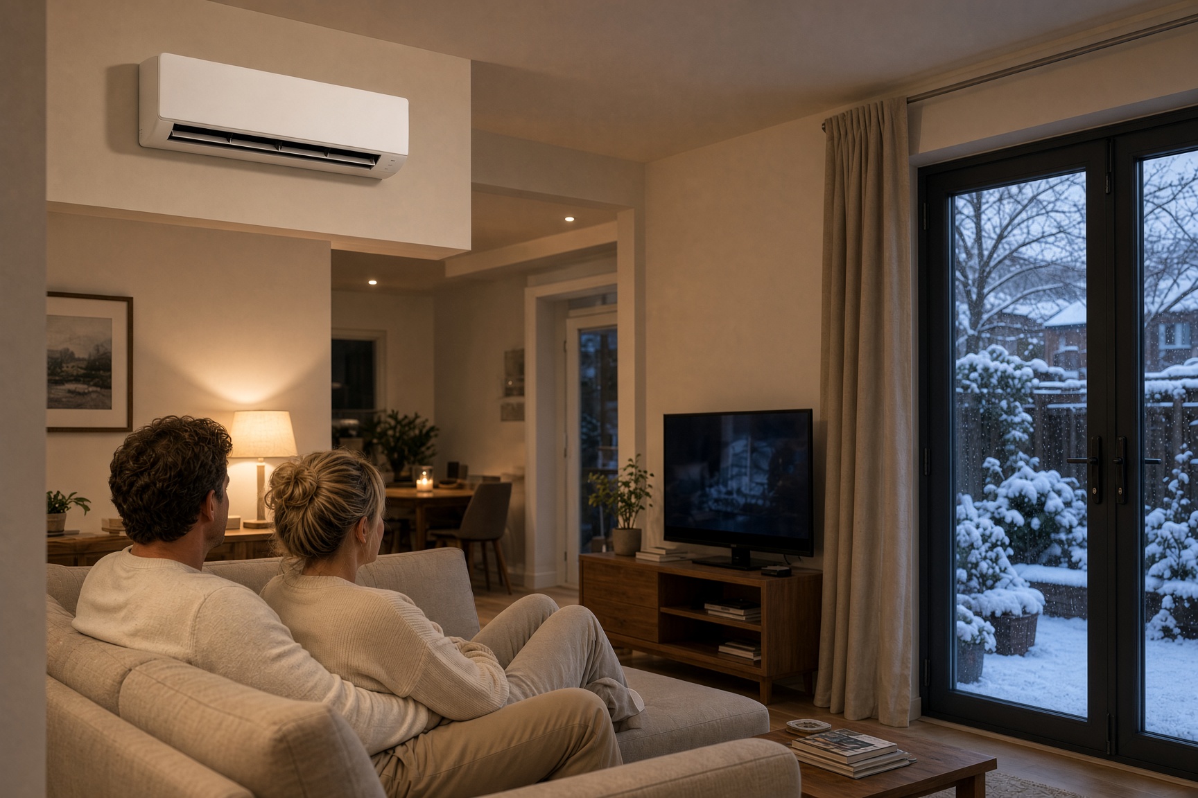 Wall-mounted split air conditioner heating a UK living room in winter, an air-to-air heat pump