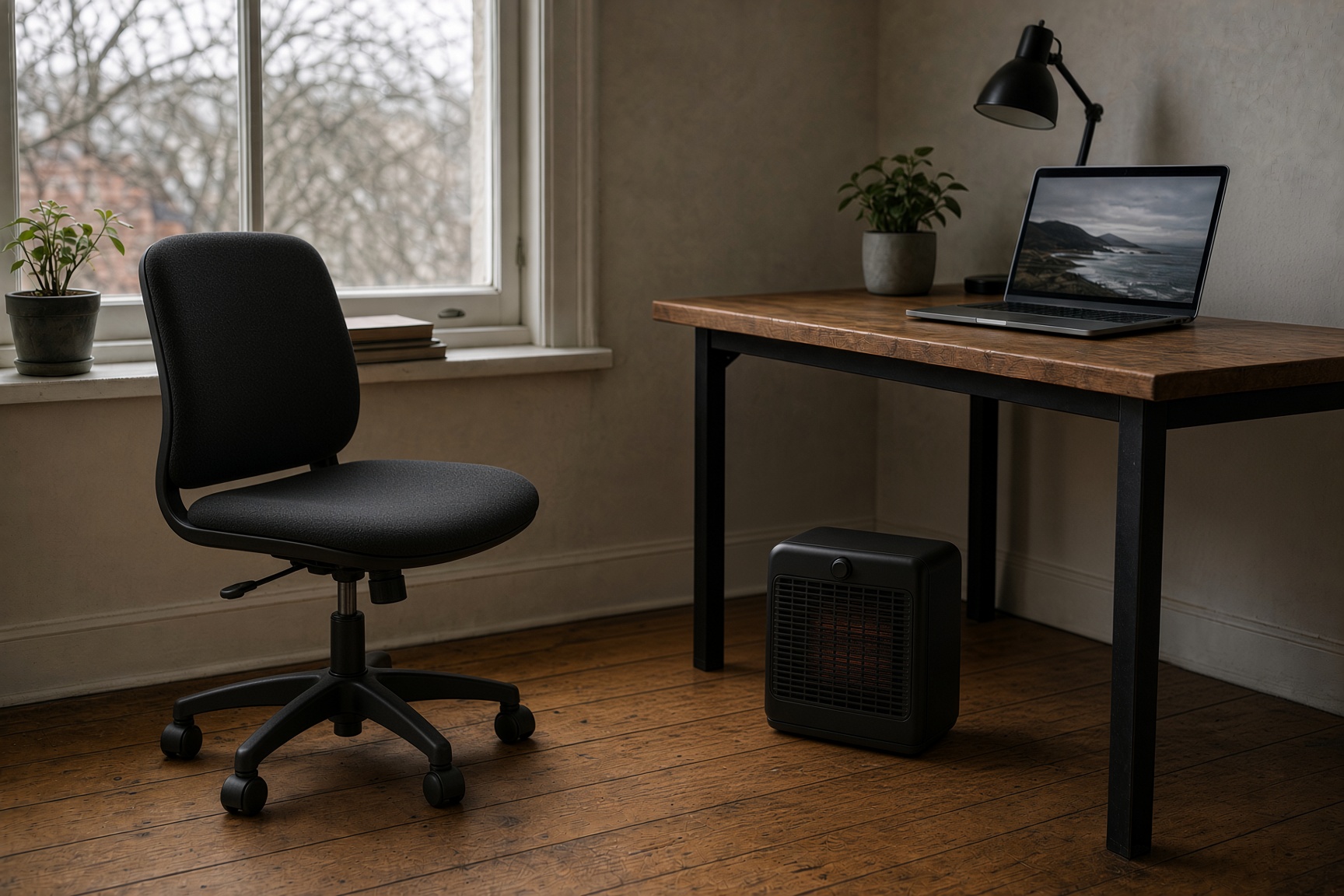 Compact black ceramic fan heater on the floor beside a desk in a UK home office