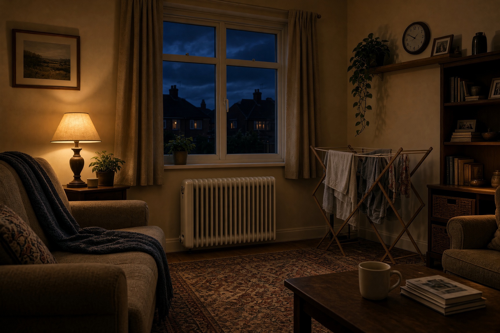UK living room at dusk with lamps on and an oil-filled radiator, as the clocks go back
