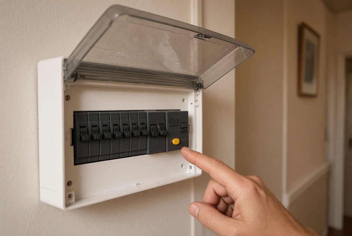 Open UK consumer unit with a hand pointing at the RCD test button, the check to make before fitting plug-in solar
