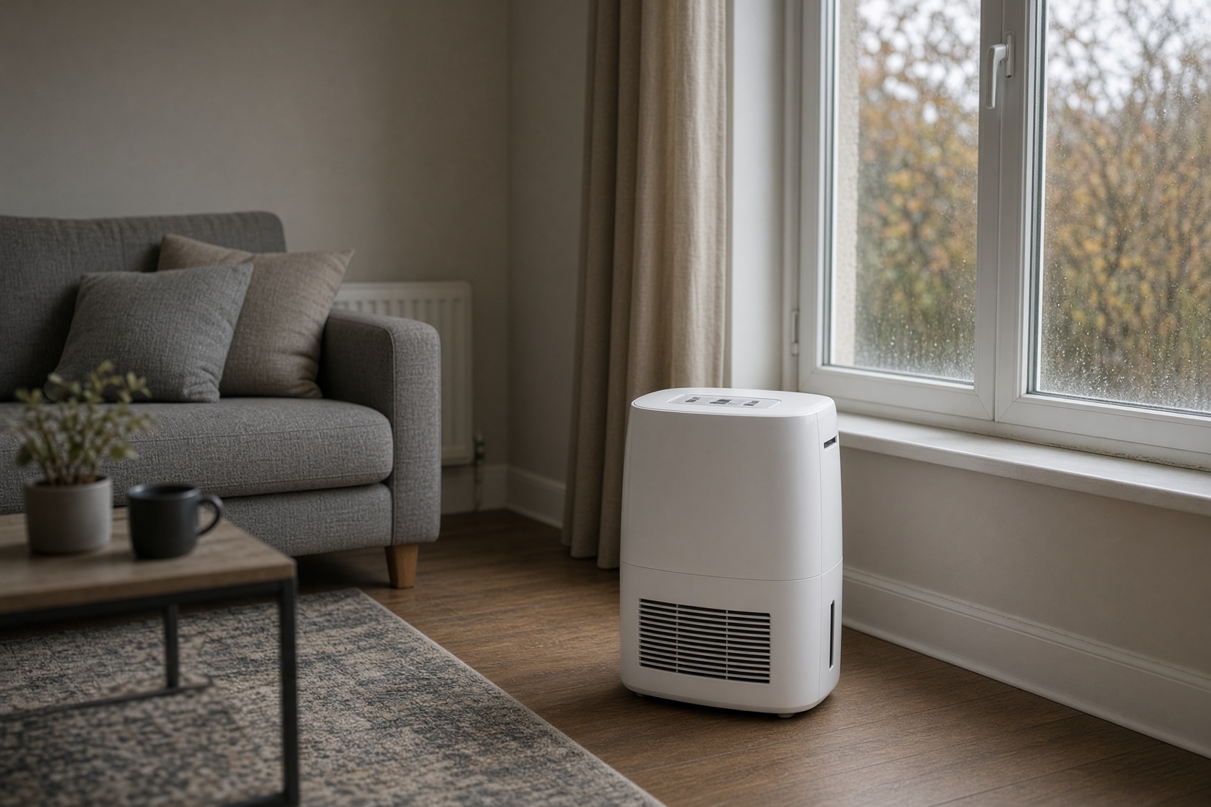 White compressor dehumidifier running in a UK living room beside a window with condensation