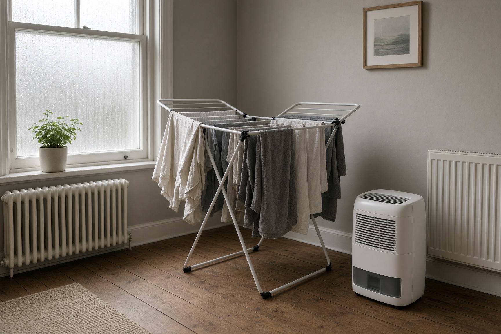 Desiccant dehumidifier drying washing on an airer in a cold UK spare room