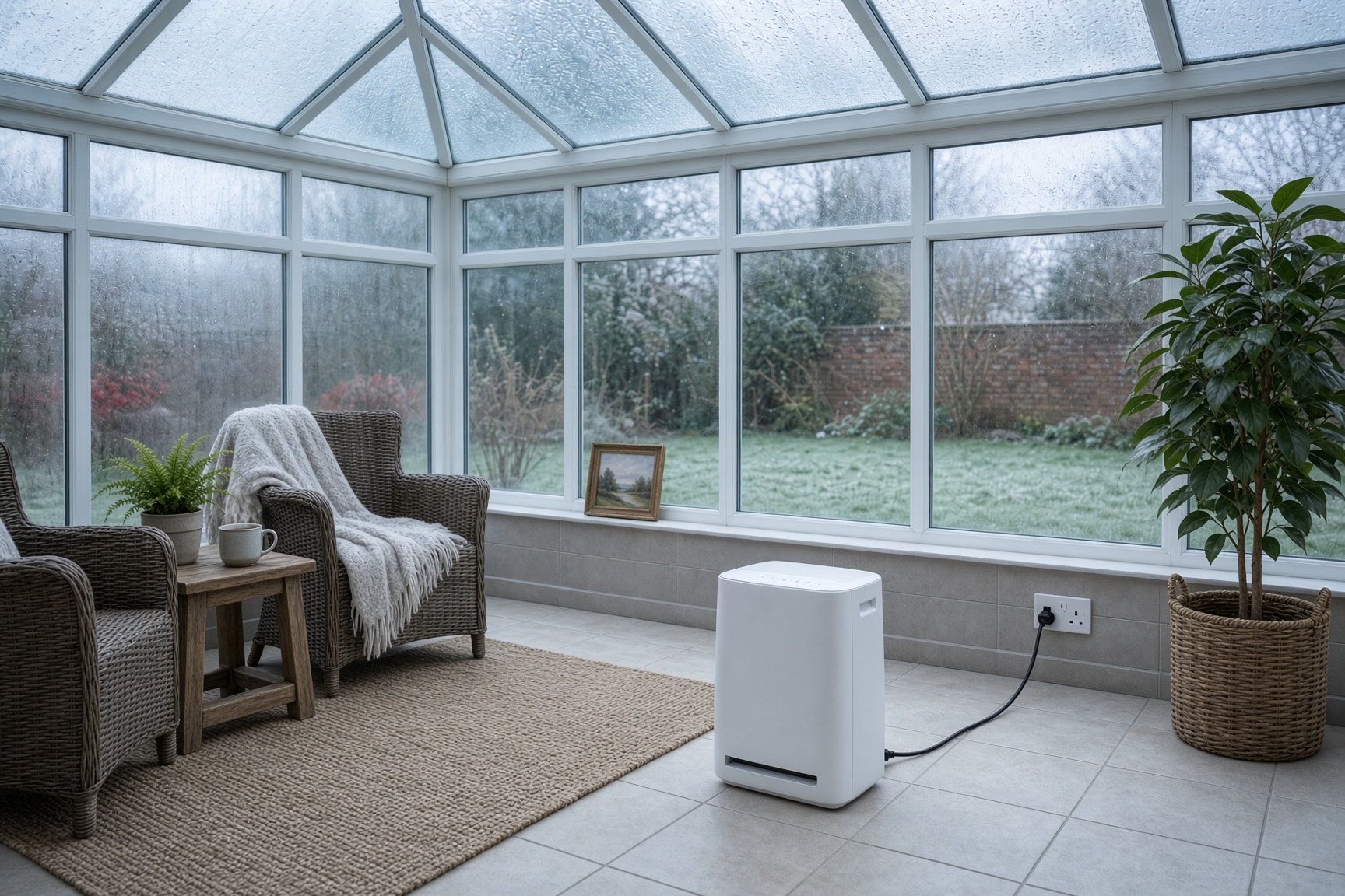 Compact desiccant dehumidifier running in a cold UK conservatory in winter with condensation on the glass