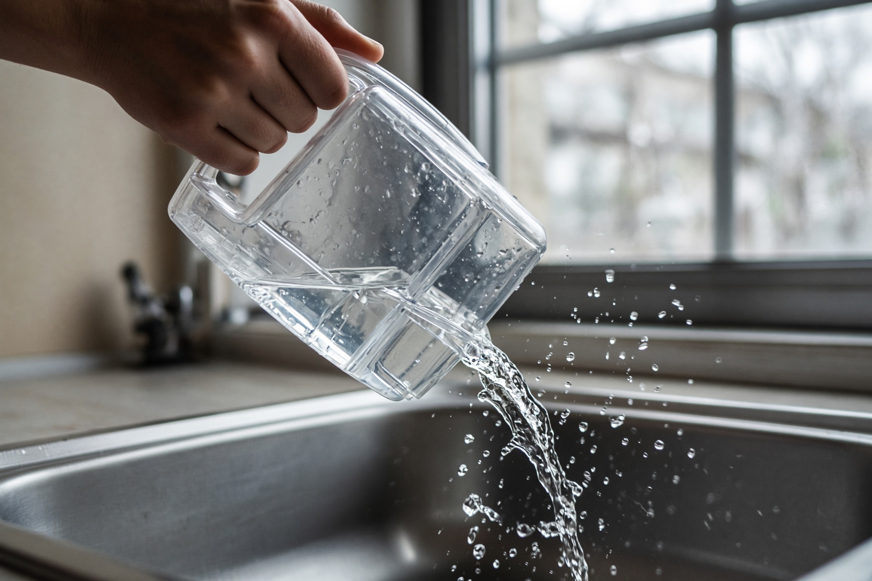 Hand emptying the water tank of a compact dehumidifier into a sink