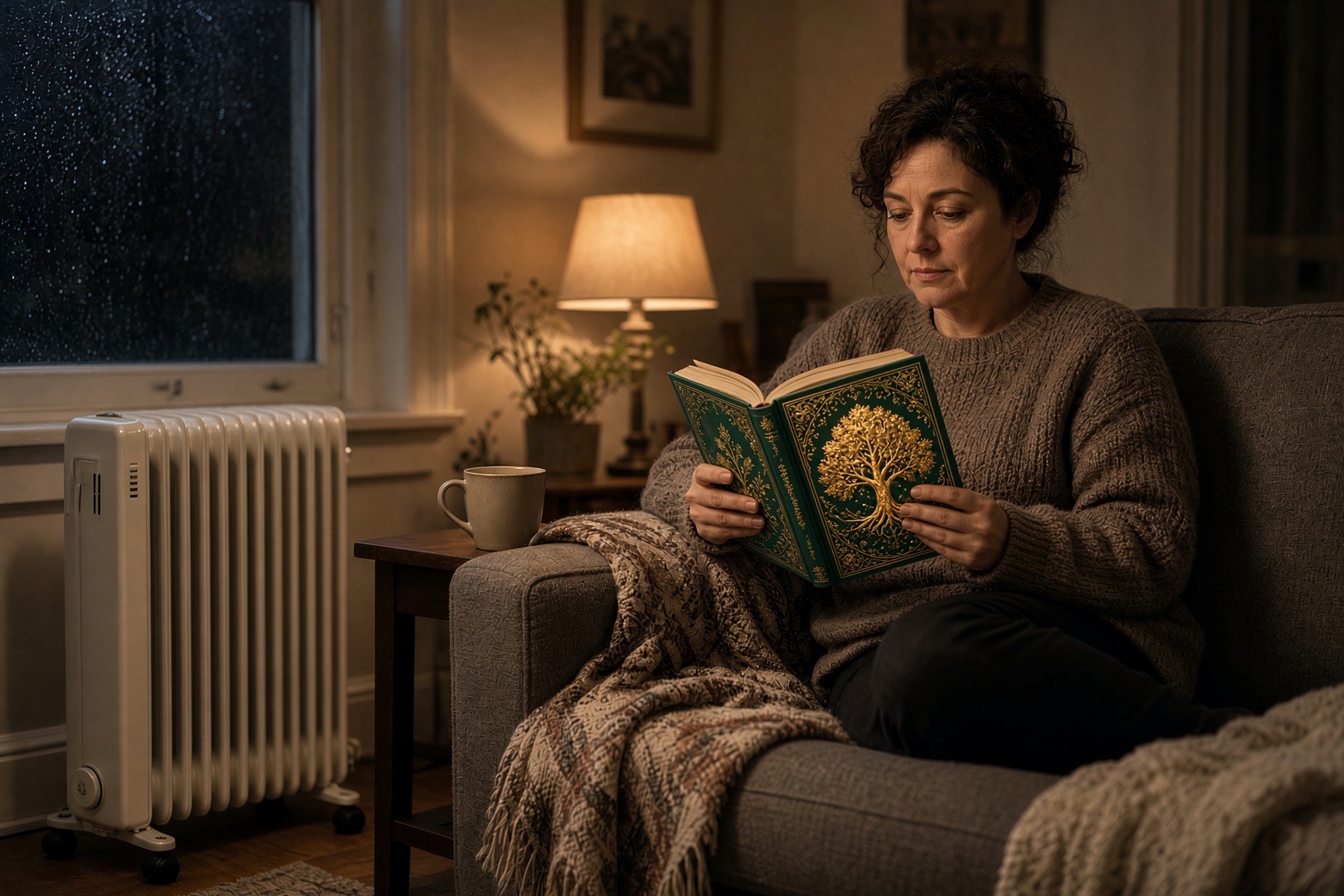 Woman reading on a sofa next to a white oil-filled electric heater while the radiator under the window is turned off, in a UK living room on a winter evening