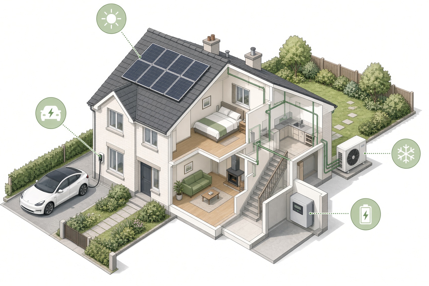 Cutaway illustration of a UK house showing solar panels, a home battery, an air source heat pump and an electric car charging