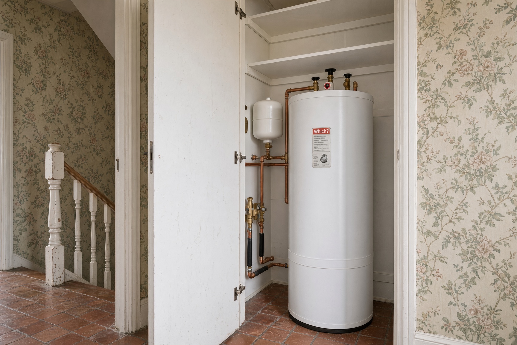 New white unvented hot water cylinder for a heat pump fitted in a UK airing cupboard with copper pipework