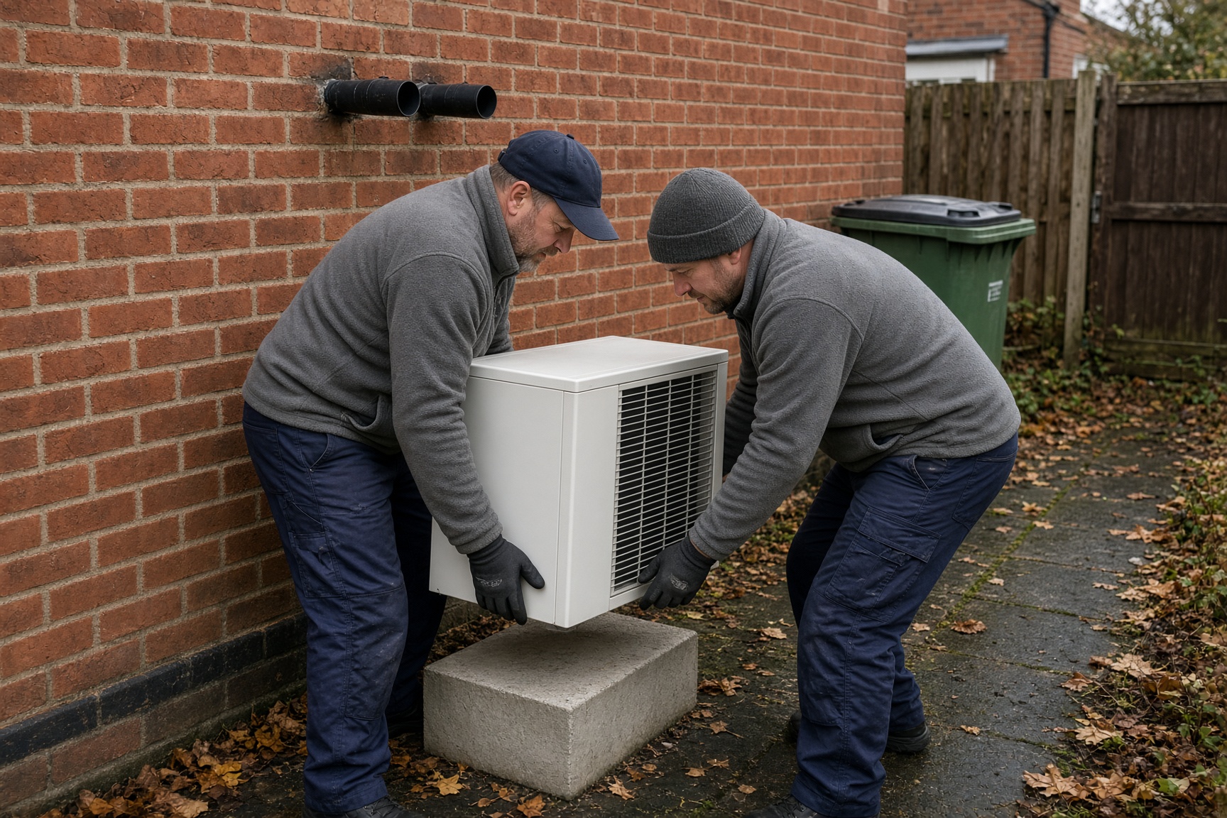 Two heating engineers fitting an air source heat pump outdoor unit beside a UK brick semi-detached house