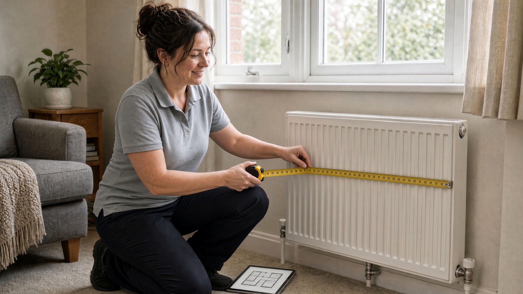 Heating engineer measuring a radiator with a tape measure during a heat pump survey in a UK living room