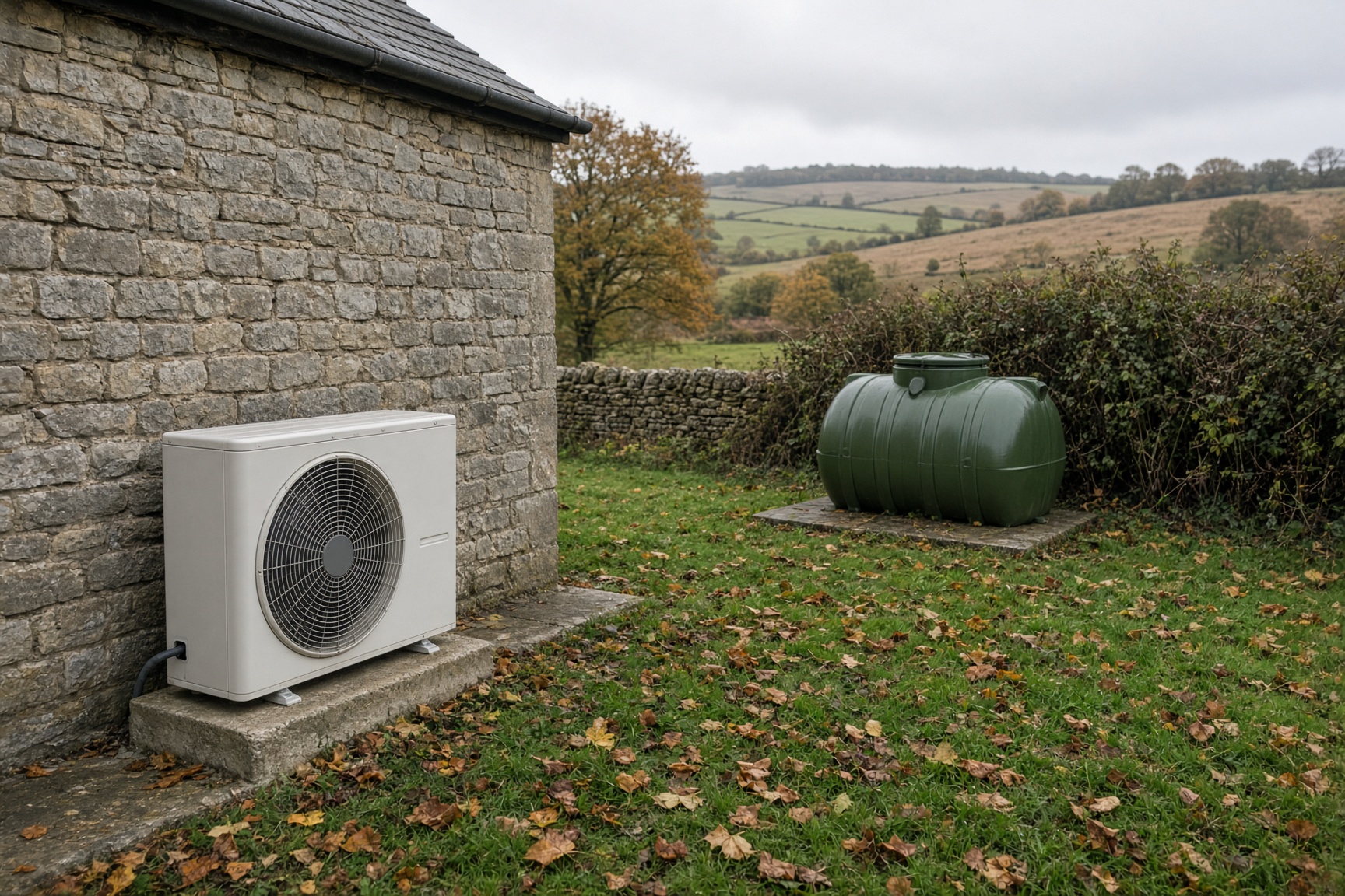 Air source heat pump beside a rural UK stone cottage with a green heating oil tank in the garden behind it