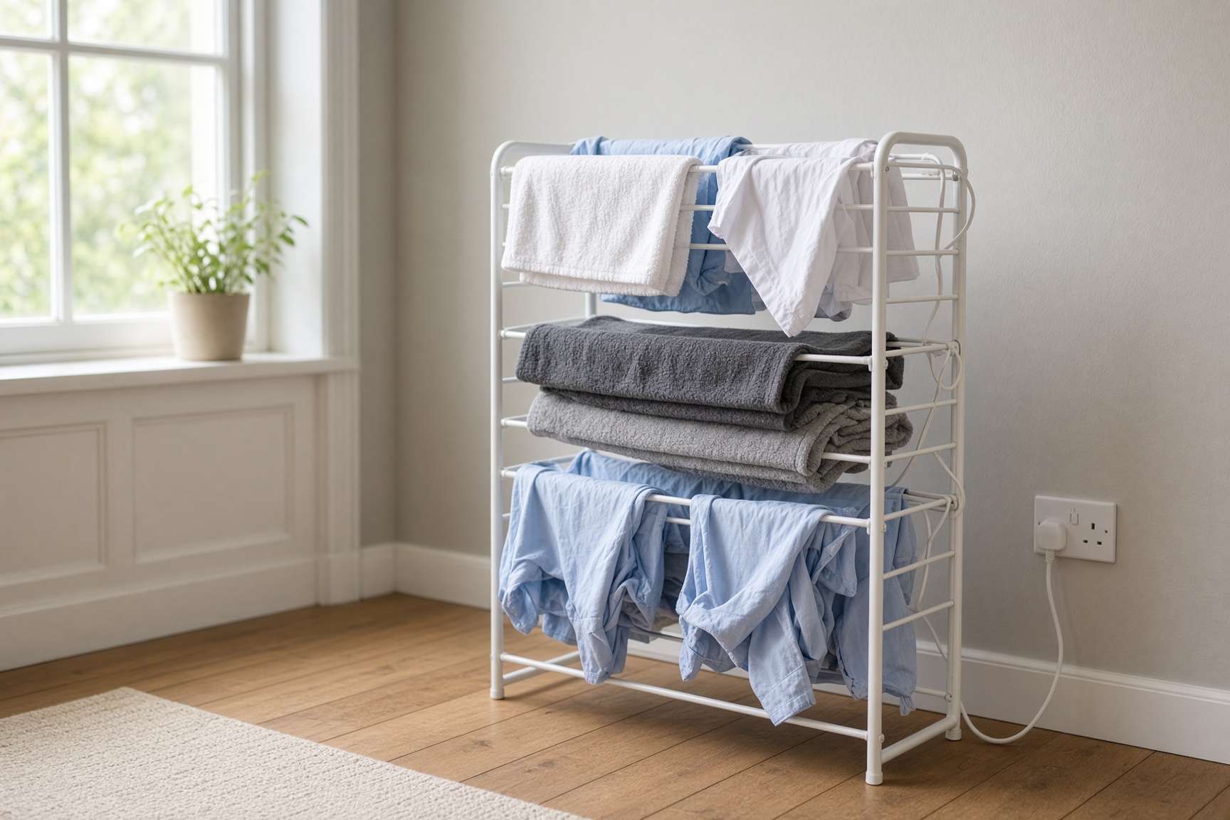 Three-tier heated clothes airer drying towels and shirts indoors in a UK home