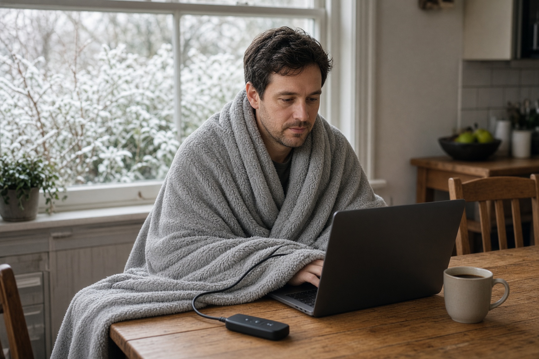 Man working at a laptop at a kitchen table wrapped in a grey electric heated throw on a cold day in the UK