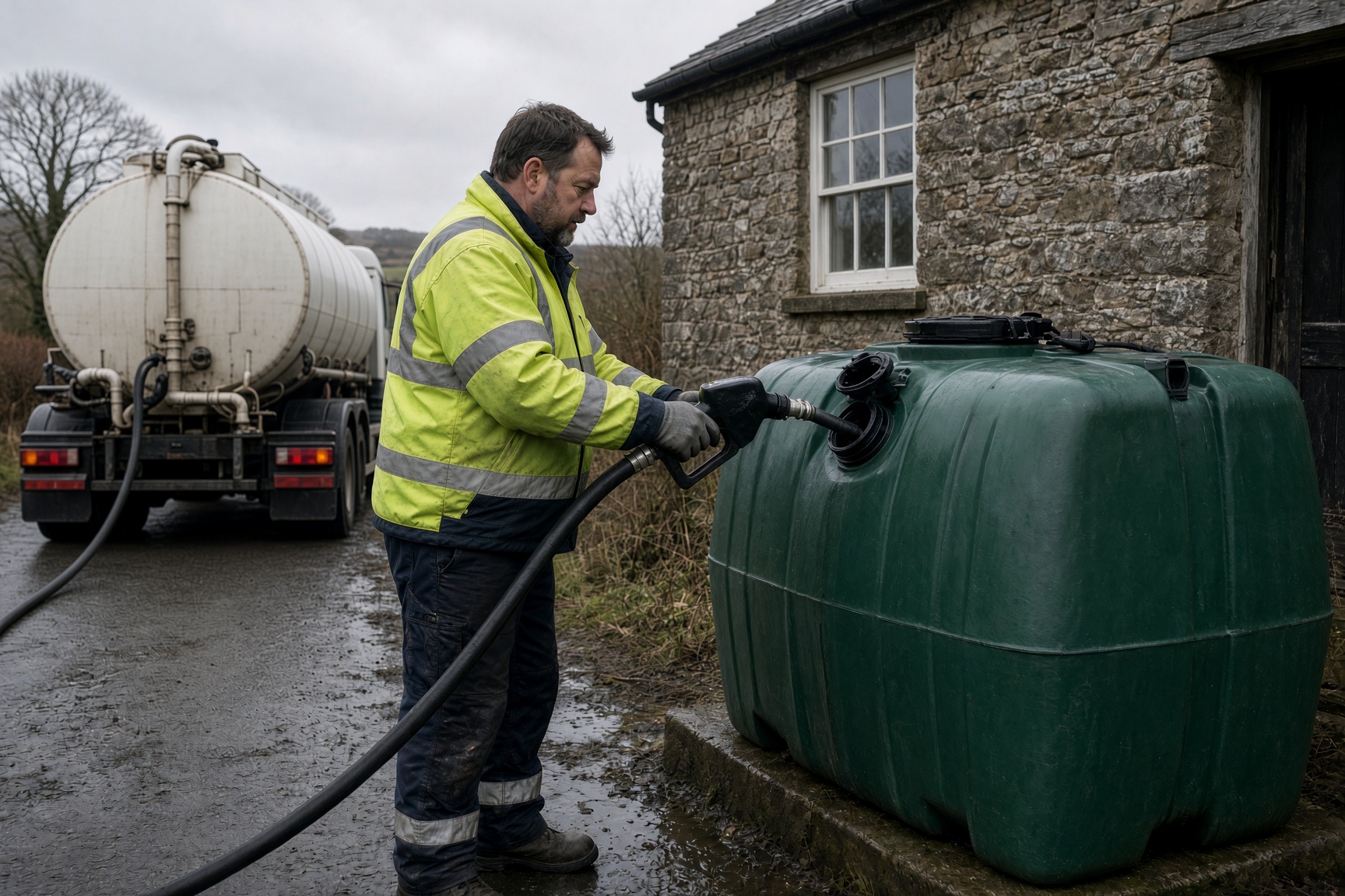 Heating oil delivery driver filling a domestic oil tank from a tanker hose at a rural UK home