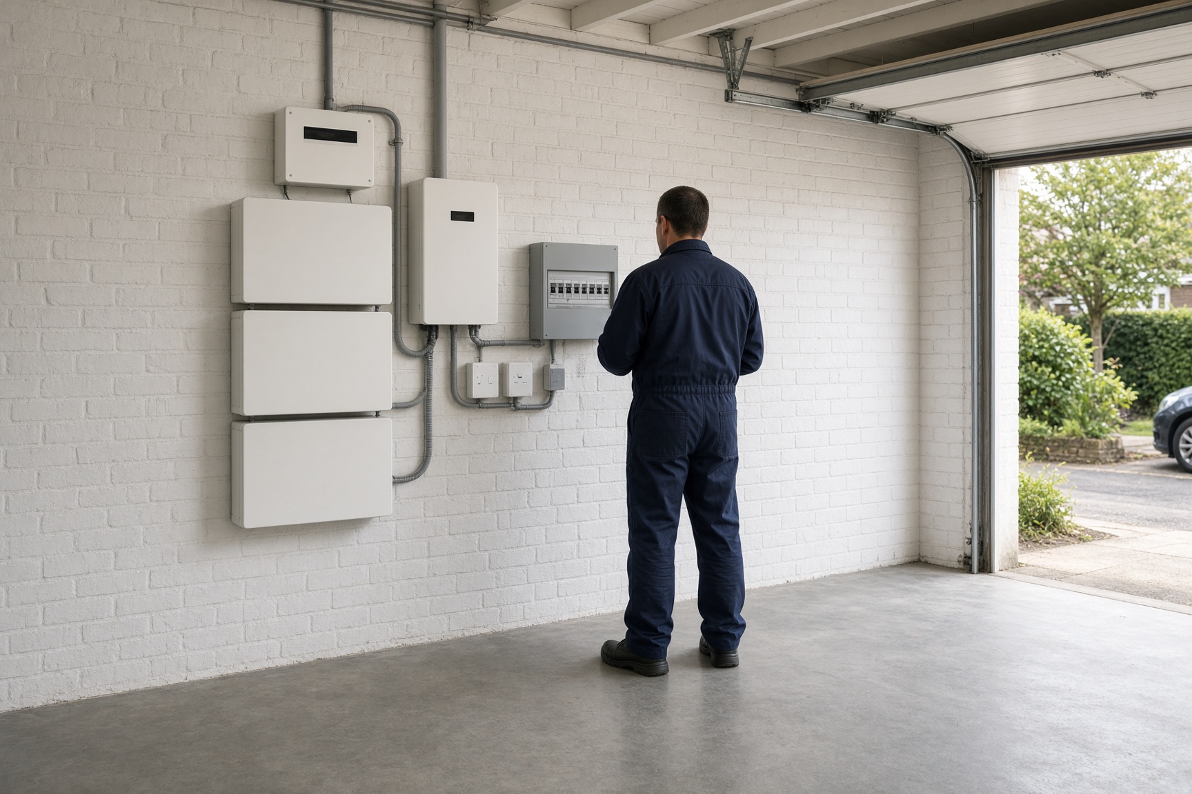 Electrician fitting a wall-mounted home battery and inverter in a UK garage