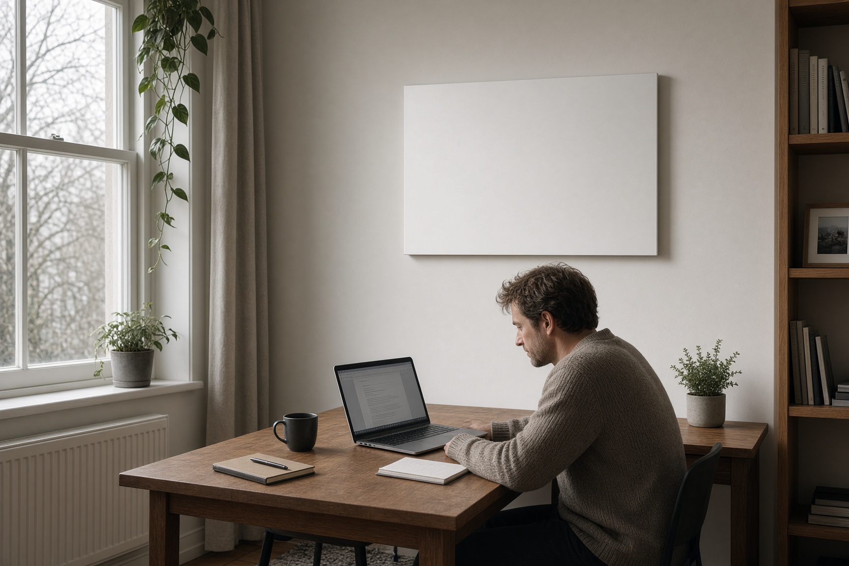 White infrared panel heater mounted on the wall of a UK home office above a desk