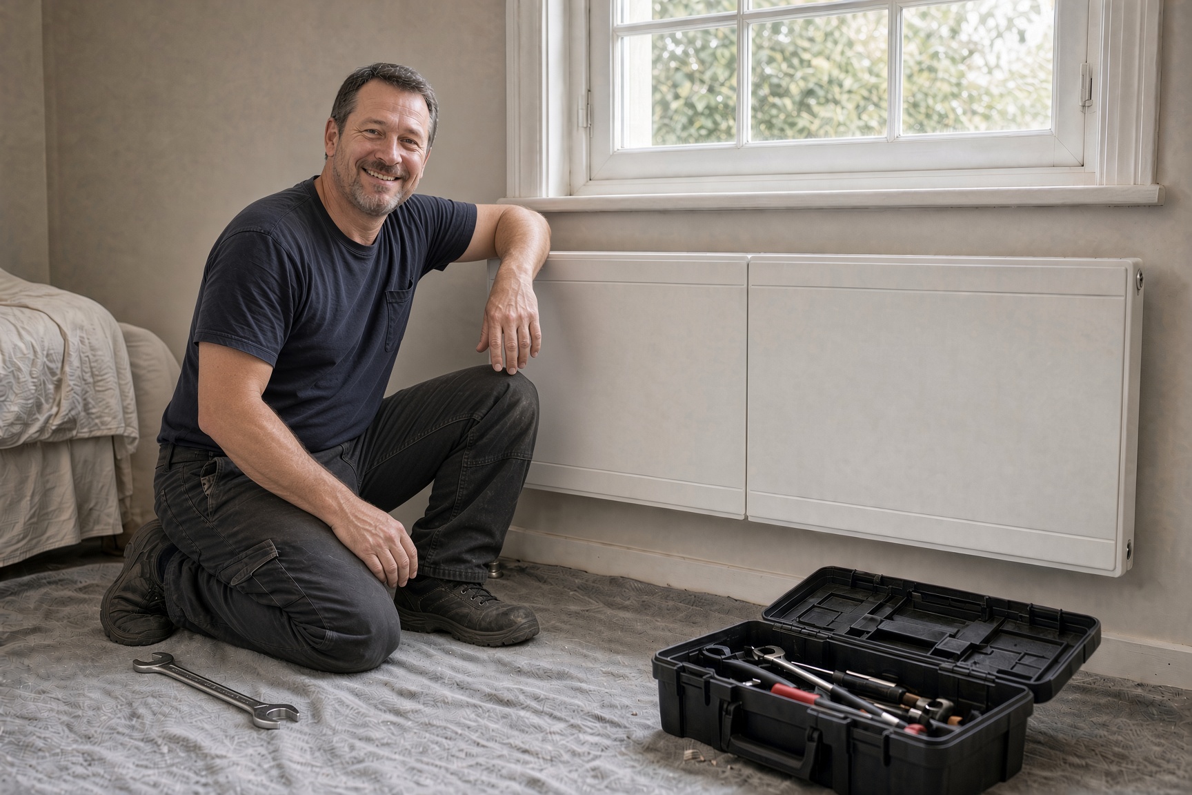 Plumber fitting a larger double panel radiator under a window as part of a heat pump installation