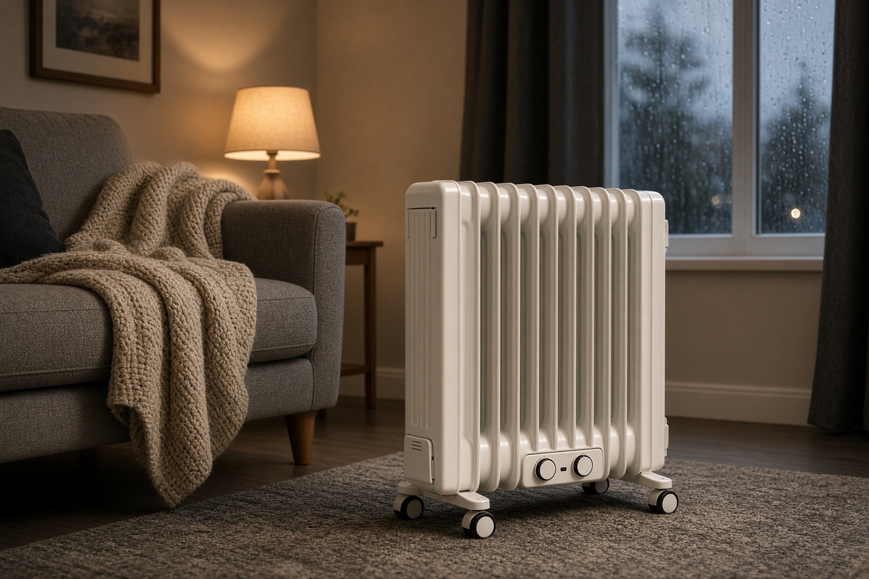 White oil-filled radiator heater on wheels beside a sofa in a UK living room on a winter evening