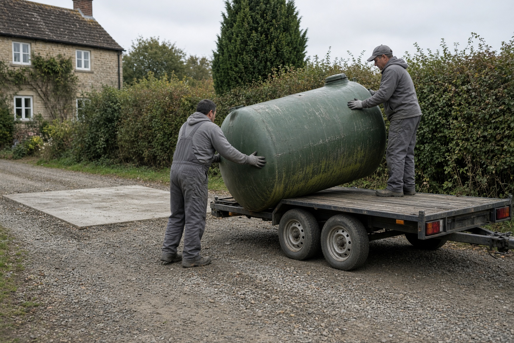 Two workers lifting an empty old oil tank onto a trailer after a switch to a heat pump at a UK home
