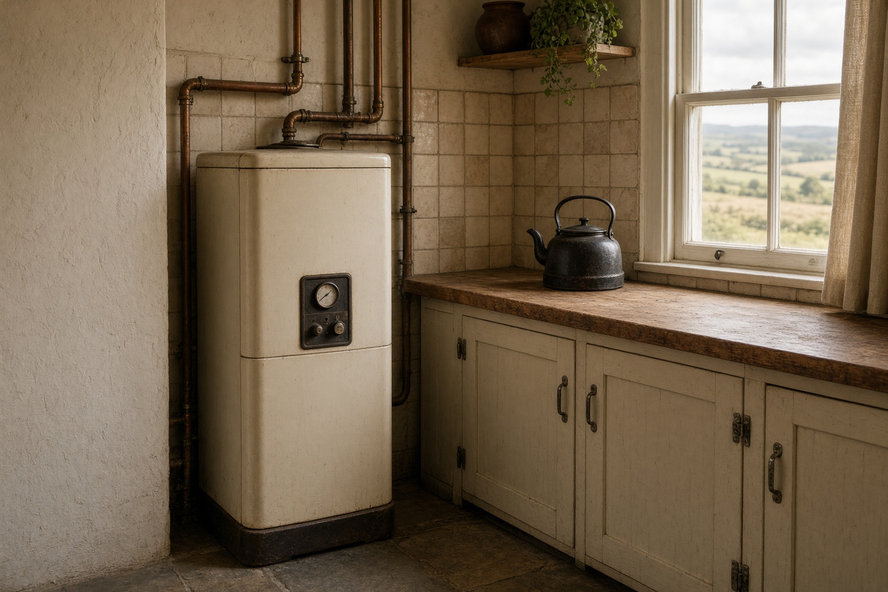 Old floor-standing oil boiler in the corner of a rural UK kitchen next to a wooden worktop