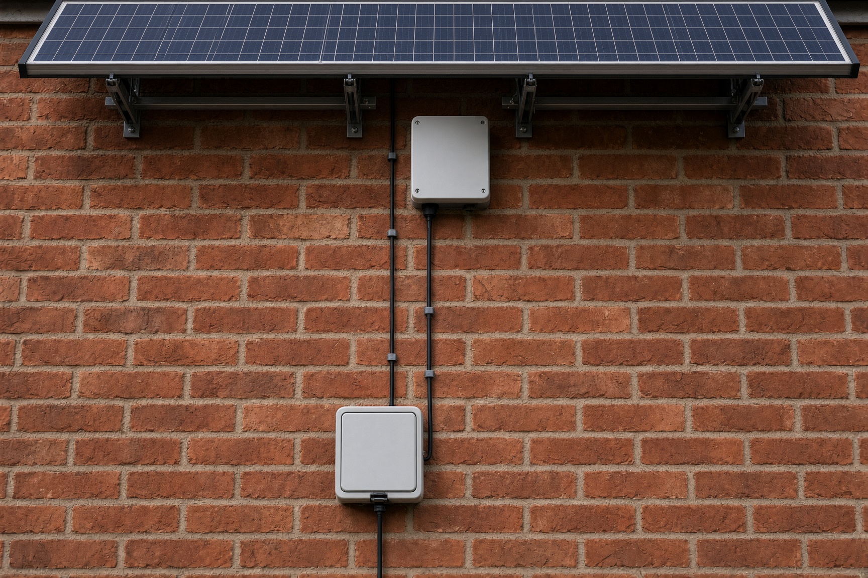 Plug-in solar kit lead plugged directly into a weatherproof outdoor socket on a UK brick wall, with no extension lead