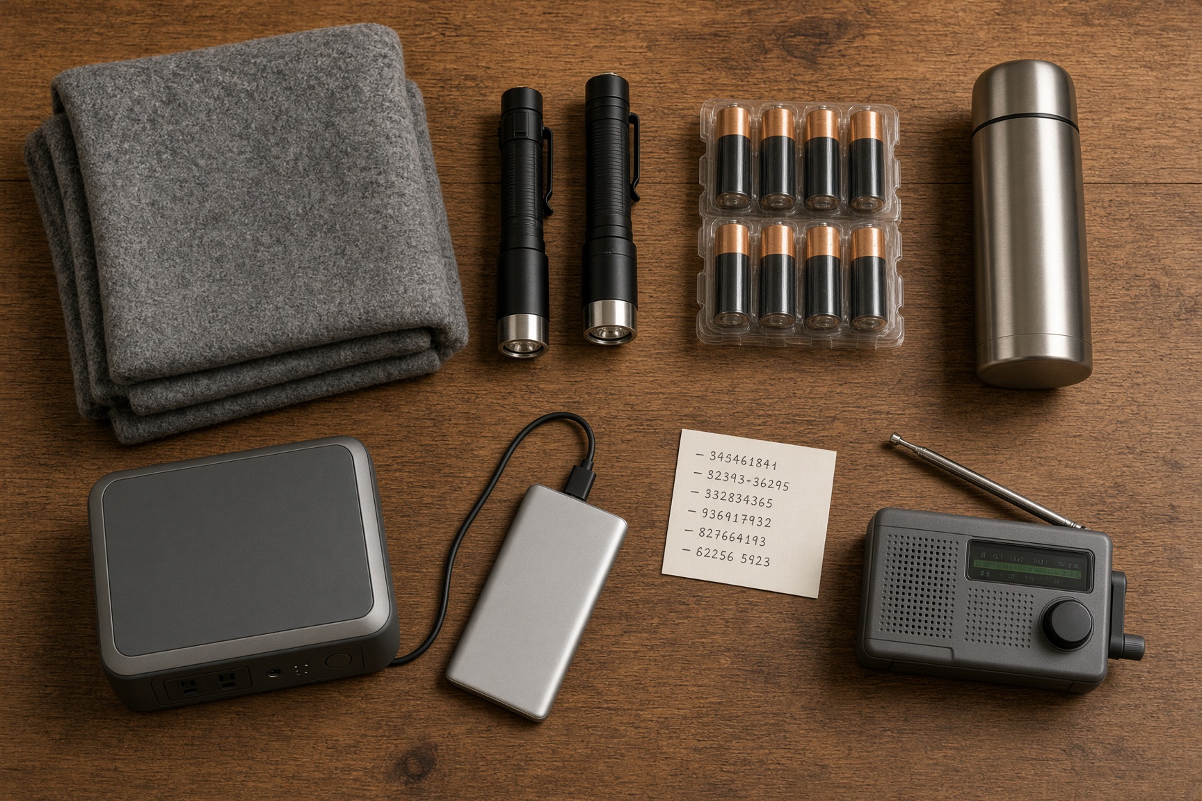 Power cut kit laid out on a table: torch, batteries, power bank, blanket, flask and a portable power station