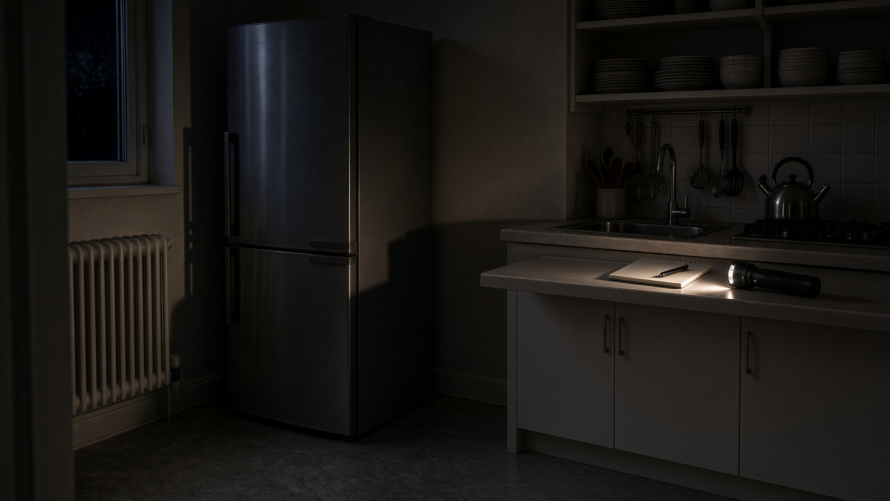 Closed chest freezer and fridge in a dark UK utility room during a power cut